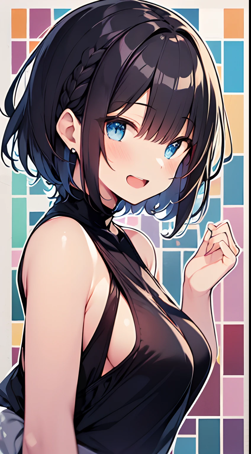 masutepiece, Best Quality,Illustration, Wallpaper, Ultra Detail, 1girl in,Solo,Beautiful detailed eyes,Very thick contour lines、Medium Short-Cut Hair、Short, Braided hair、(student clothes)、Dark hair color、Open mouth and big smile、Kamimei、Angle from which you can see the whole body、Overlooking angle:1.2、small head、ample breasts