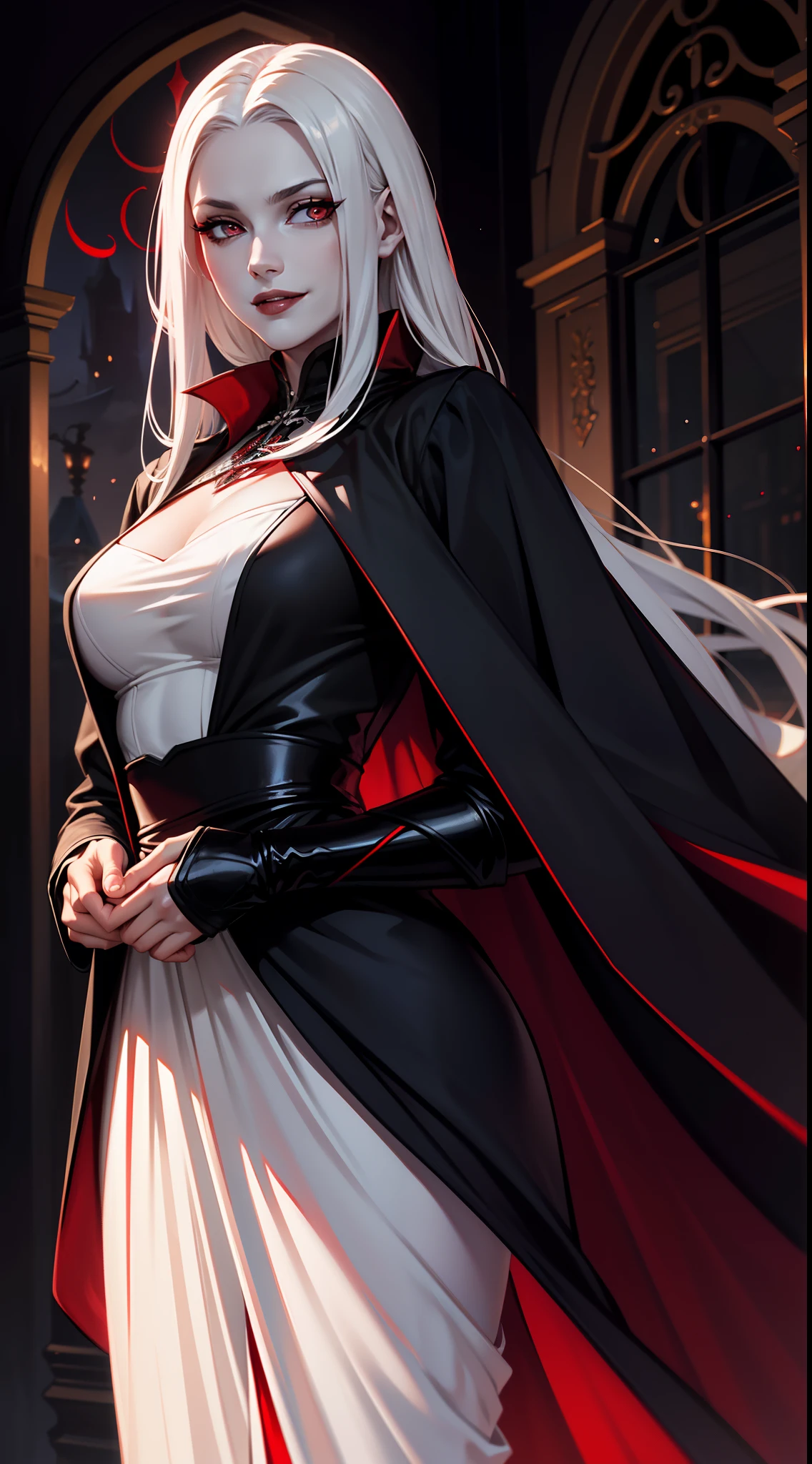 melancholy lighting, A tranquil, serenidade, luminance, tmasterpiece, best qualtiy, Vampires,Wears a long black coat,red color eyes,Smiles hide evil,pale-skinned,