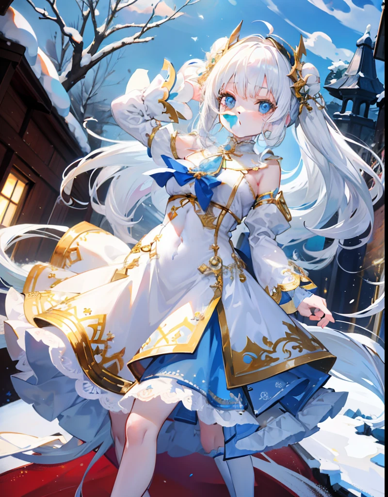 Her long snow-white hair looks milky,Poor breasts, flatchest, Small breasts,Wear white clothes that match light sky blue,And decorated with gold ornaments,Clothes are not exposed,The girl who looks very cute on the whole,It is a loli-type cute girl