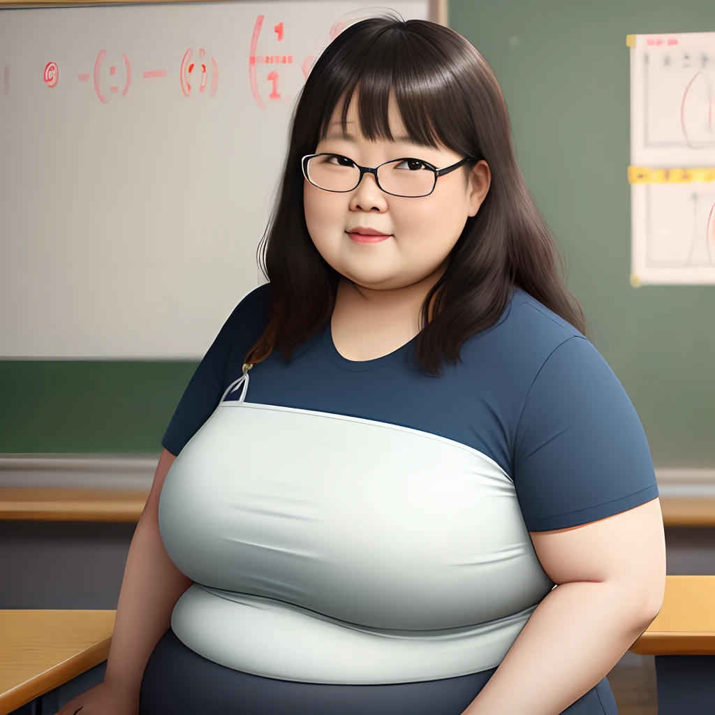 Female Middle Aged Chinese Math Teacher Obese Wearing glasses Very obese Two hundred pounds Round Ugly Old Rough skin