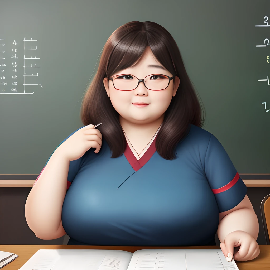 Female Middle Aged Chinese Math Teacher Obese Wearing glasses Very obese Two hundred pounds Round Ugly Old Rough skin