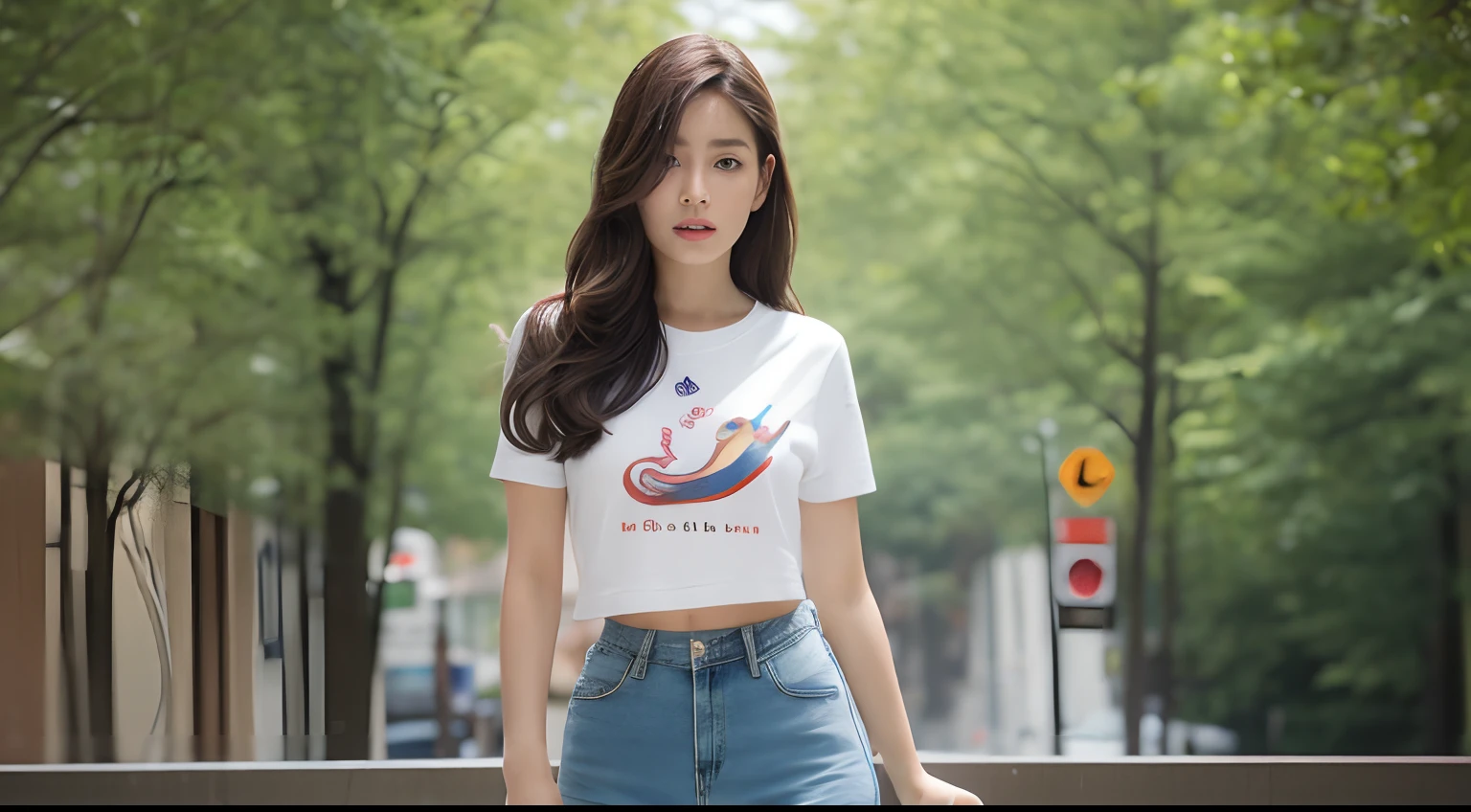 （Need, 8K，tmasterpiece),full bodyesbian，Long legs，Focalors,perfect figure beautiful woman，Slim abs, (brunette color hair), (white tight t-shirt, denim pant, standing on your feet), huge tit，Highly detailed facial and skin texture，A detailed eye，二重まぶた