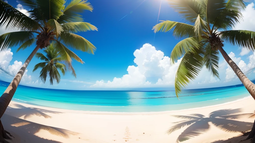 Showed the horizon of the earth、Palm trees、Fine sunny day、Blue sky and sandy beach、Island