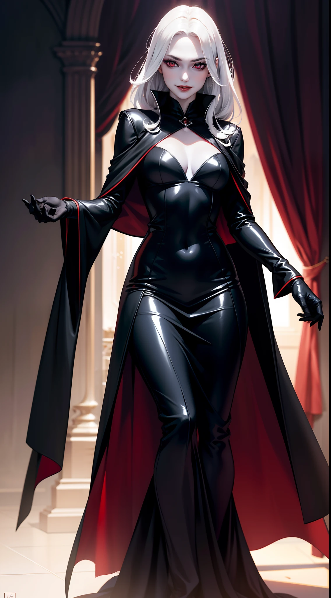 melancholy lighting, A tranquil, serenidade, luminance, tmasterpiece, best qualtiy, Vampires,Wears a long black coat,red color eyes,Smiles hide evil,pale-skinned,