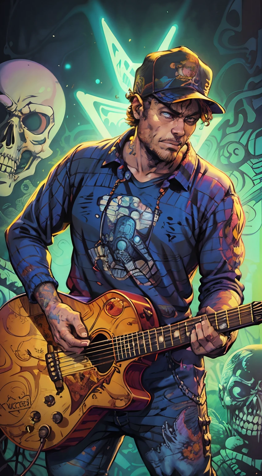 a painting of a man with a guitar, nychos art aesthetic, in the style dan mumford artwork, by Dan Mumford, josan gonzales and dan mumford, dan mumford and pixar, dan mumford. maya render, painting by dan mumford, blacklight poster, concert poster retro, heavy metal art style, ( ( ( ( ( dan mumford ) ) ) ) )