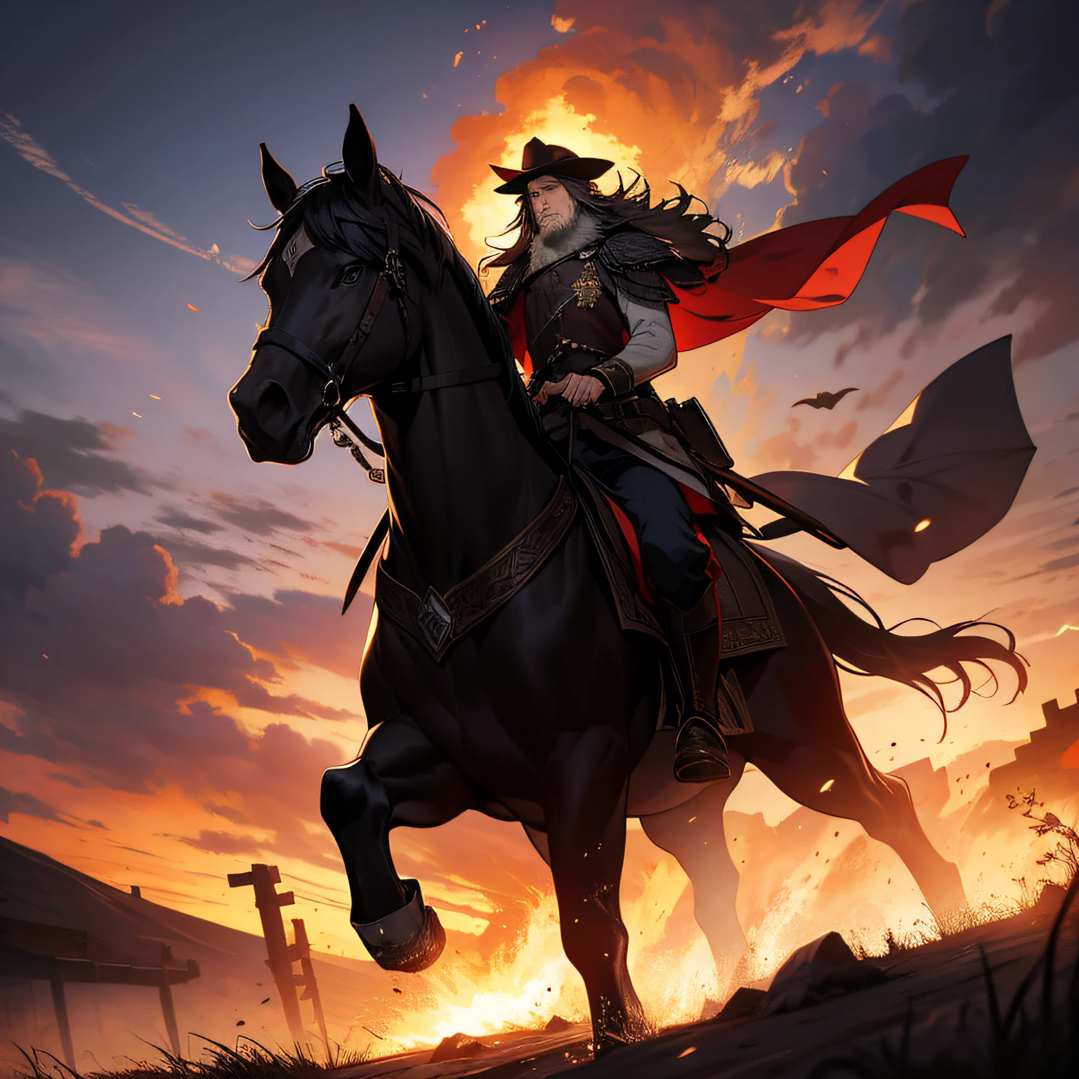 An ancient general with a grim face on a war horse，The background is dusk，the setting sun，There are a lot of chasers，There is fire in the sky