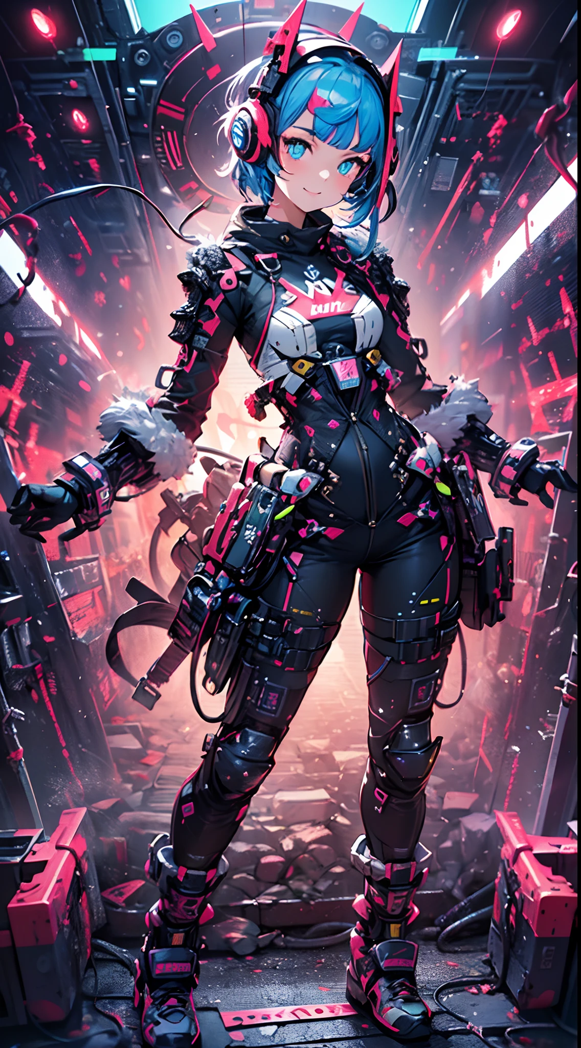 ((cyberpunked)),Optical camouflage、headset on head、Neon light、City of the Future、Glowing jumpsuit、(1girl in, Solo:1.6),(Cute smile),(Clothes are simple), (Best Impact:1.5), (maximalism:1.7), Vivid contrast, (Realistic), hyperrealistic illustrations, hight resolution, ultra-detailliert, absurderes,(Fractal Art:1.3)、Random hairstyle、Random hair color colorful、FULL BODYSHOT、Retro、Precise focus、randome pose、cinema4d、Drama