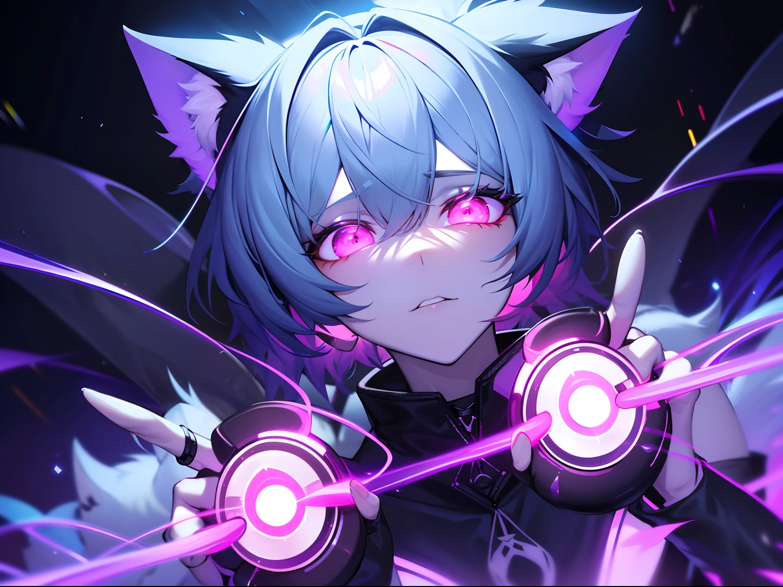 Wearing a glowing ring Eyes glowing Cat ears grow Wearing glowing rings on his ears and neck Part of the hair is shiny A boy about 17 years old with narrow eyes short hair It shines with beautiful colors Light-colored hair Wearing fantasy costumes Wearing a glowing ornament above his head Wearing a jumper Wearing black gloves with the tips of their fingers sticking out Bangs are used as back hair