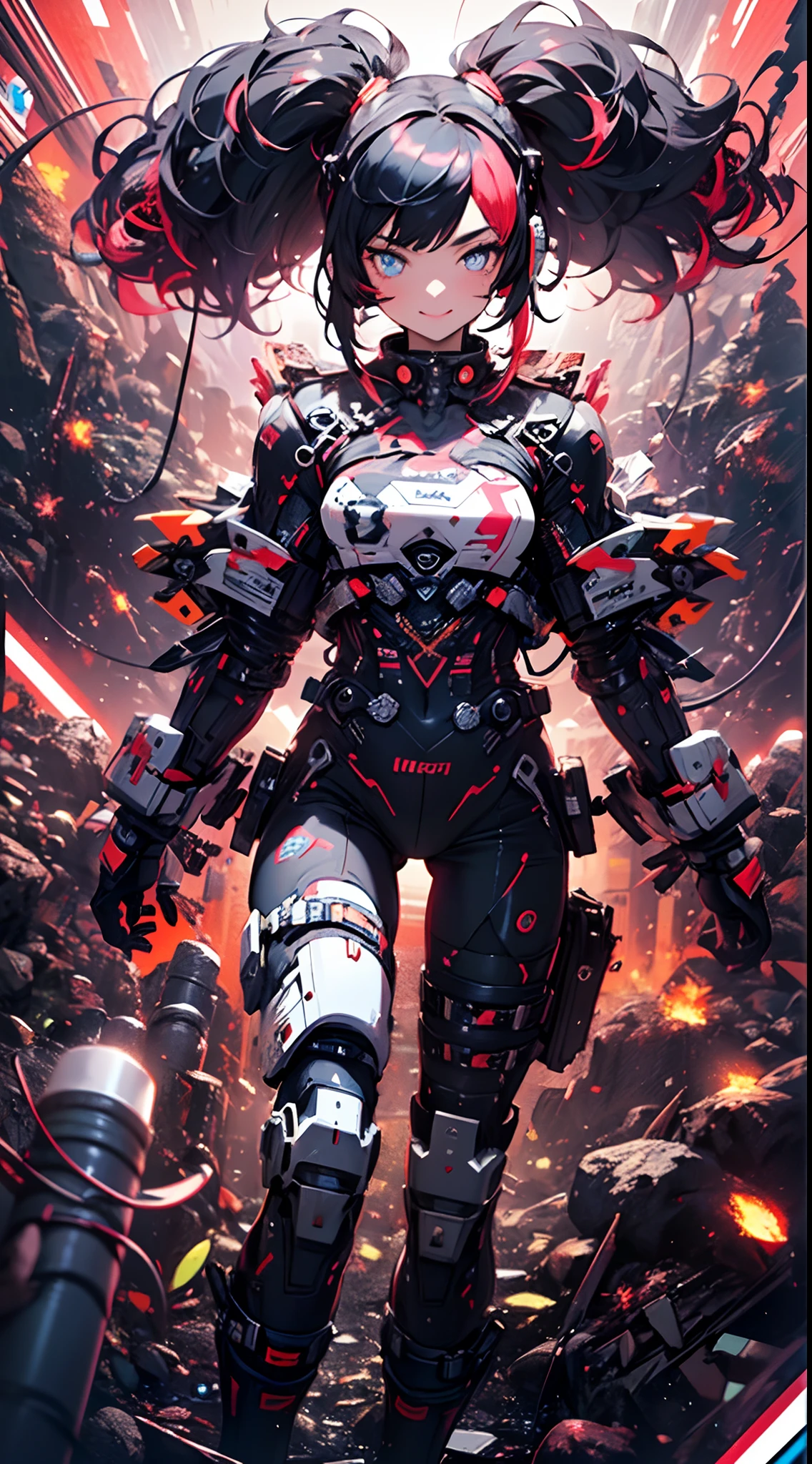 ((cyberpunked)),Optical camouflage、headset on head、Neon light、City of the Future、Glowing jumpsuit、(1girl in, Solo:1.6),(Cute smile),(Clothes are simple), (Best Impact:1.5), (maximalism:1.7), Vivid contrast, (Realistic), hyperrealistic illustrations, hight resolution, ultra-detailliert, absurderes,(Fractal Art:1.3)、Random hairstyle、Random hair color colorful、FULL BODYSHOT、Retro、Precise focus、randome pose、cinema4d、Drama