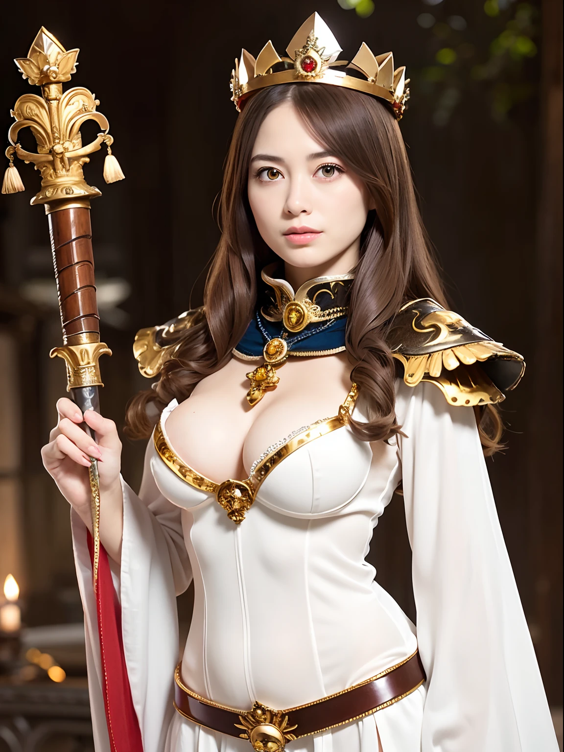 (masutepiece), Professional , masterpiece、top-quality、photos realistic , depth of fields (Gemstone Silver Metal Body:1.9),(Matte White、(Brown hair long straight)、Jewel Gold Weapon、(Inside the old ruins),Gorgeous metal weapons,(Detailed and realistic angel white wings) , Detailed Sword of the Brave , Beautiful knife 、delicated face、20 years girl ,warhammer 40k , adepta sororitas,Detail and ornate jewel crown、a blond、(Gangle's forest background)、Beautiful Caucasian beauty、1a person、dynamic ungle,(((Detailed and ornate diamond crown)))、Smaller head、A smile、Powerful poses、Beautiful thin fingers of a woman、cleavage of the breast、