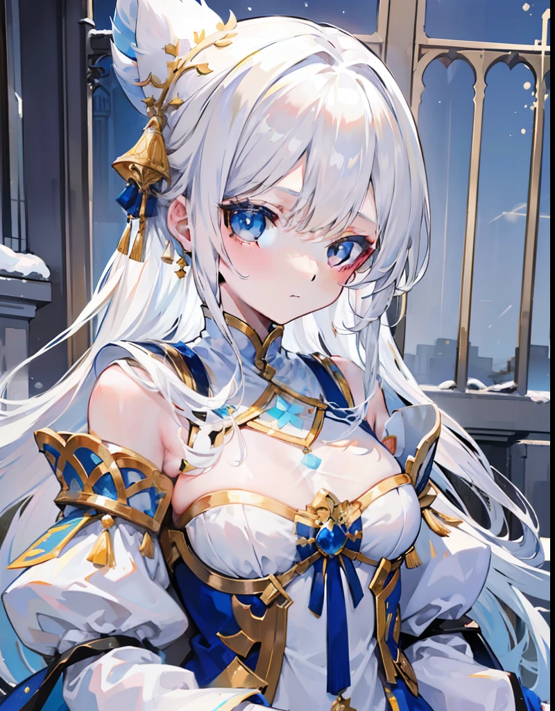 Long snow-white hair,Poor breasts, flat chests, small breasts,Wear white clothes that match light sky blue,And embellished with gold ornaments