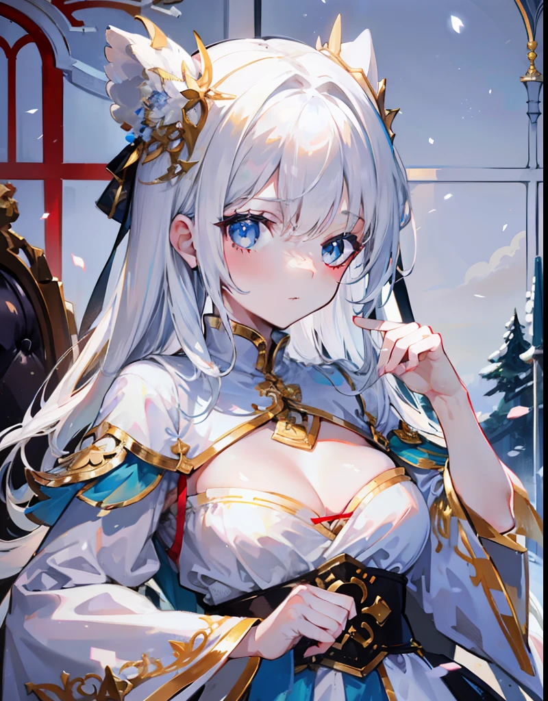 Long snow-white hair,Poor breasts, flatchest, Small breasts,Wear white clothes that match light sky blue,And decorated with gold ornaments,Clothes are not revealing,The whole looks cute girl,This is a cute girl of the loli te