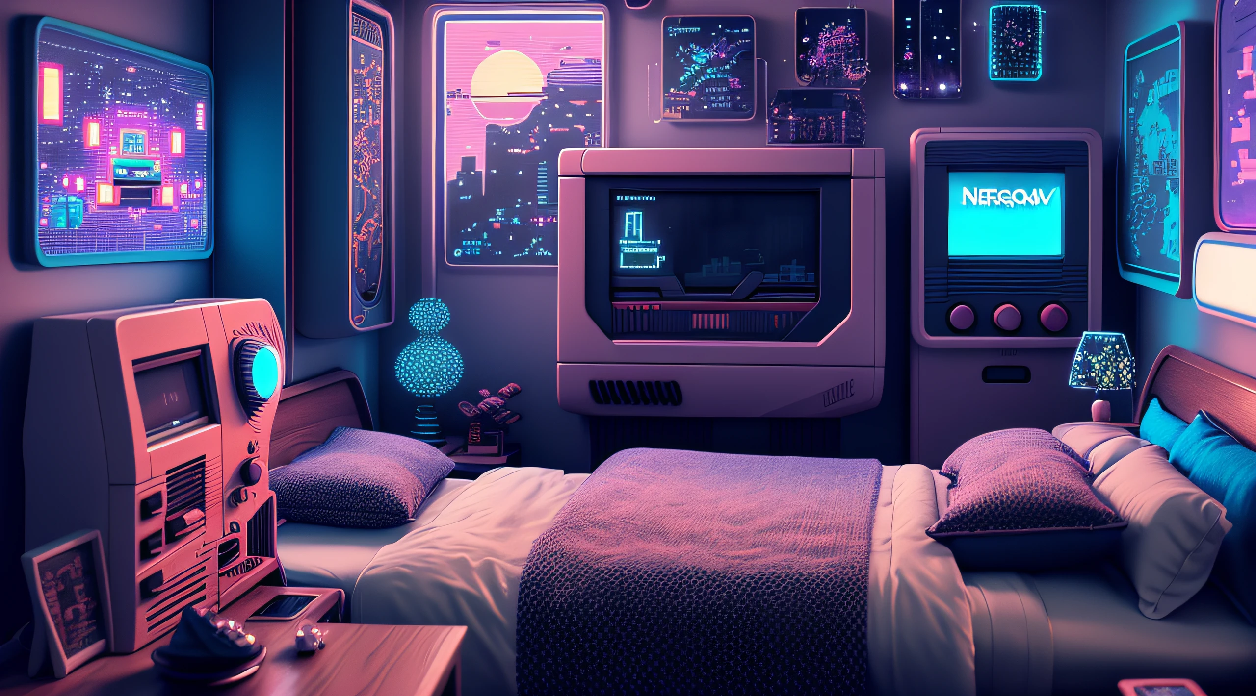 photo of a cozy upscale Atari-64 neo-gameboy futurism bedroom