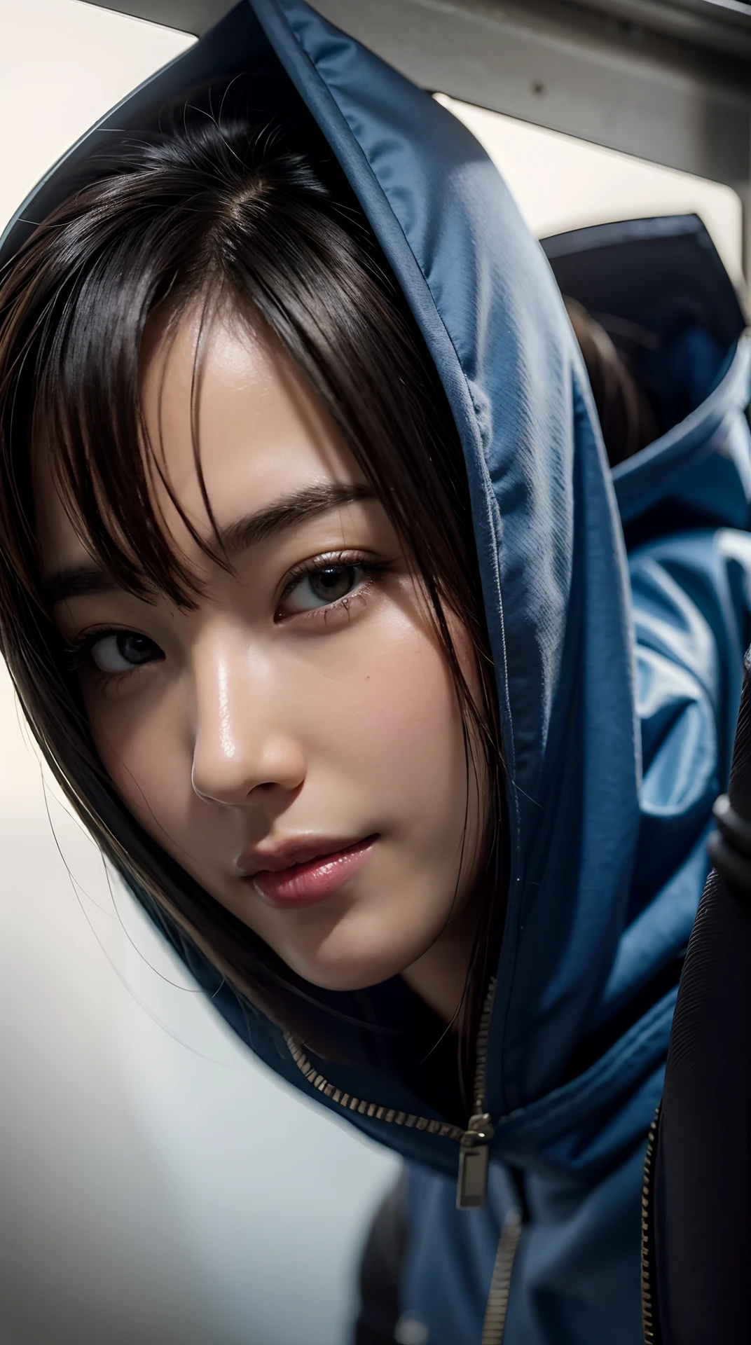 8k, best quality, masterpiece, realistic, ultra detail, photo realistic, hyper realistic, smoother lighting, increase cinematic lighting quality, realistic lighting, backlighting, brightening light, Increase quality, best quality real texture skin,
close-up, slender, cute face, smile, beautiful details eyes, 19years old korean, pretty, Drill hair with electric blue color, hood,