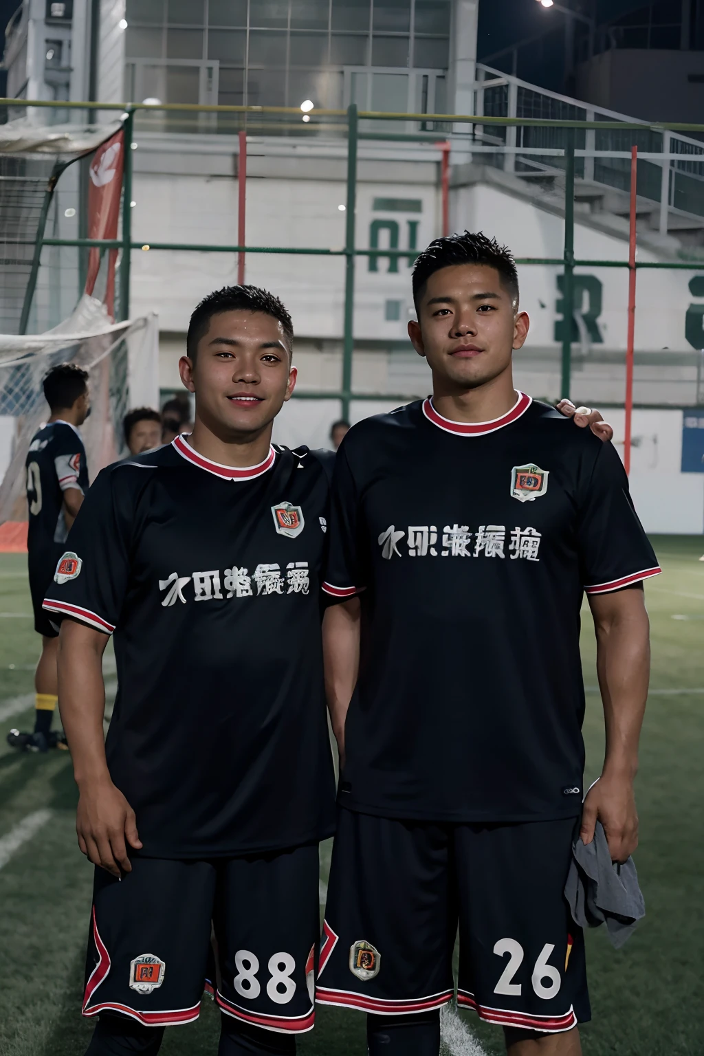 There are two male athletes,Take a group photo on the pitch in the evening, taken with canon 8 0 d, dribbble, play soccer, action shot, taken with canon eos 5 d, Shot on Canon EOS R 6, taken with a canon eos 5d, taken with a canon eos 5 d, taken with canon eos 5 d mark iv, on a football field,8K,The is very detailed,超高分辨率,tmasterpiece,Master award-winning works,