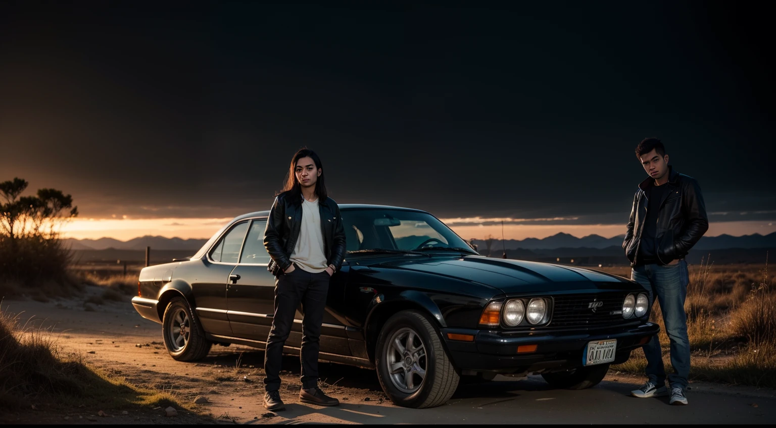 1 malay man (young 20 years old malay man) and 1 russian girl at old abandoned gas station, route 90, old broken cars, sunset, bloom, kodachrome colors, sharp focus,(xx),(in the dark:2) Best quality, masterpiece, ultra high res, (photorealistic:1.4), (deep shadow:1.2),long hair, low key,black hair, night, realistic, photo-realistic ,(RAW photo, best quality), (realistic, photo-realistic:1.3),best quality,highly detailed,masterpiece,ultra-detailed,illustration,1girl,upper_body,dynamic angle,world masterpiece theater,messy_long_hair,best quality,extremely detailed CG unity 8k wallpaper,ink,Amazing,cinematic lighting,lens_flare, dunhuang_style