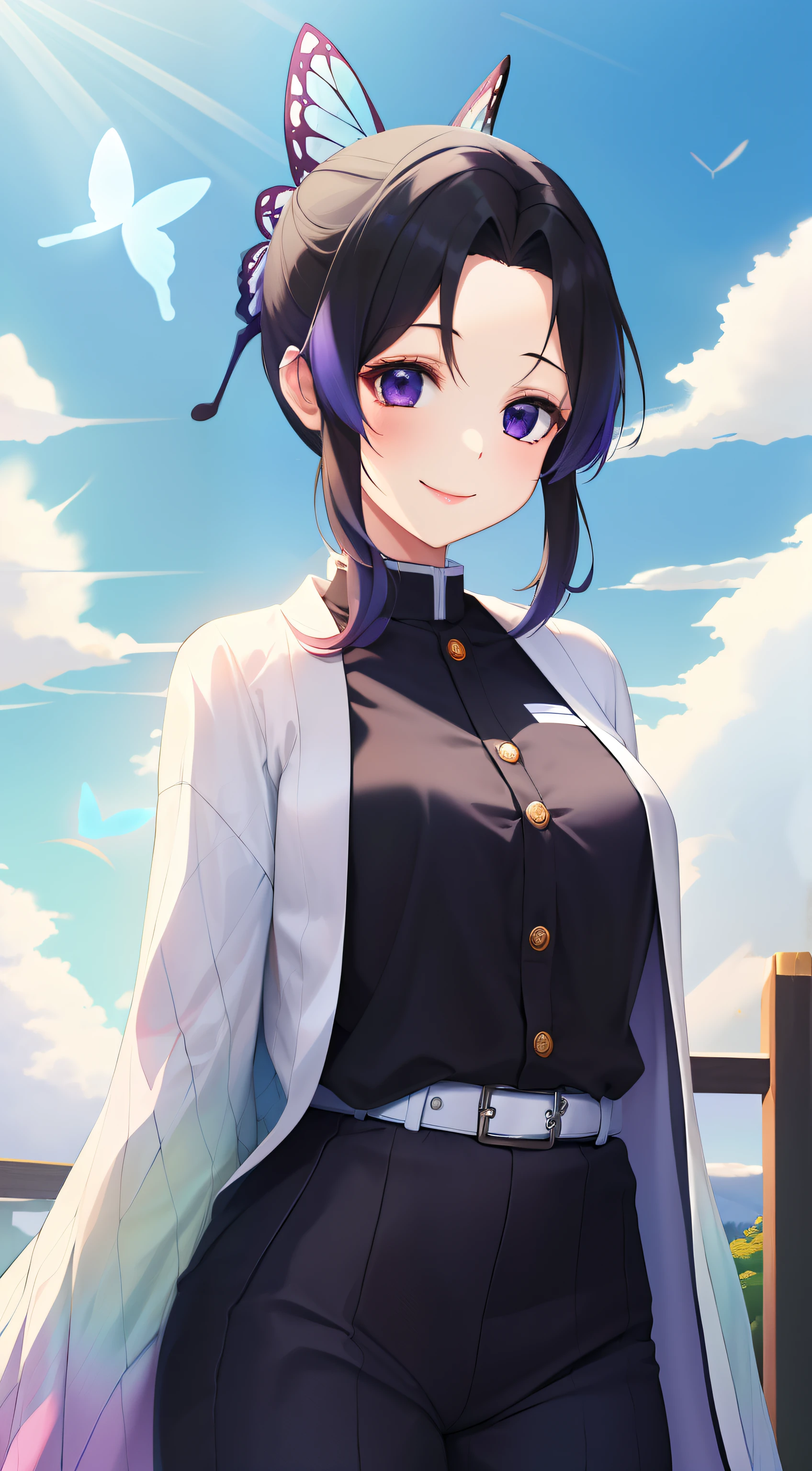 masterpiece, top-quality, Hi-Res, 1girl in, 独奏, kochou shinobu, butterfly hair ornament, a purple eye, O cabelo multicolorido, shorth hair, partedbangs, Black pants, Black jacket, long-sleeve, a belt, cowboy shot,Blue Higan Flower、A smile、japanes、a picture、」cute little