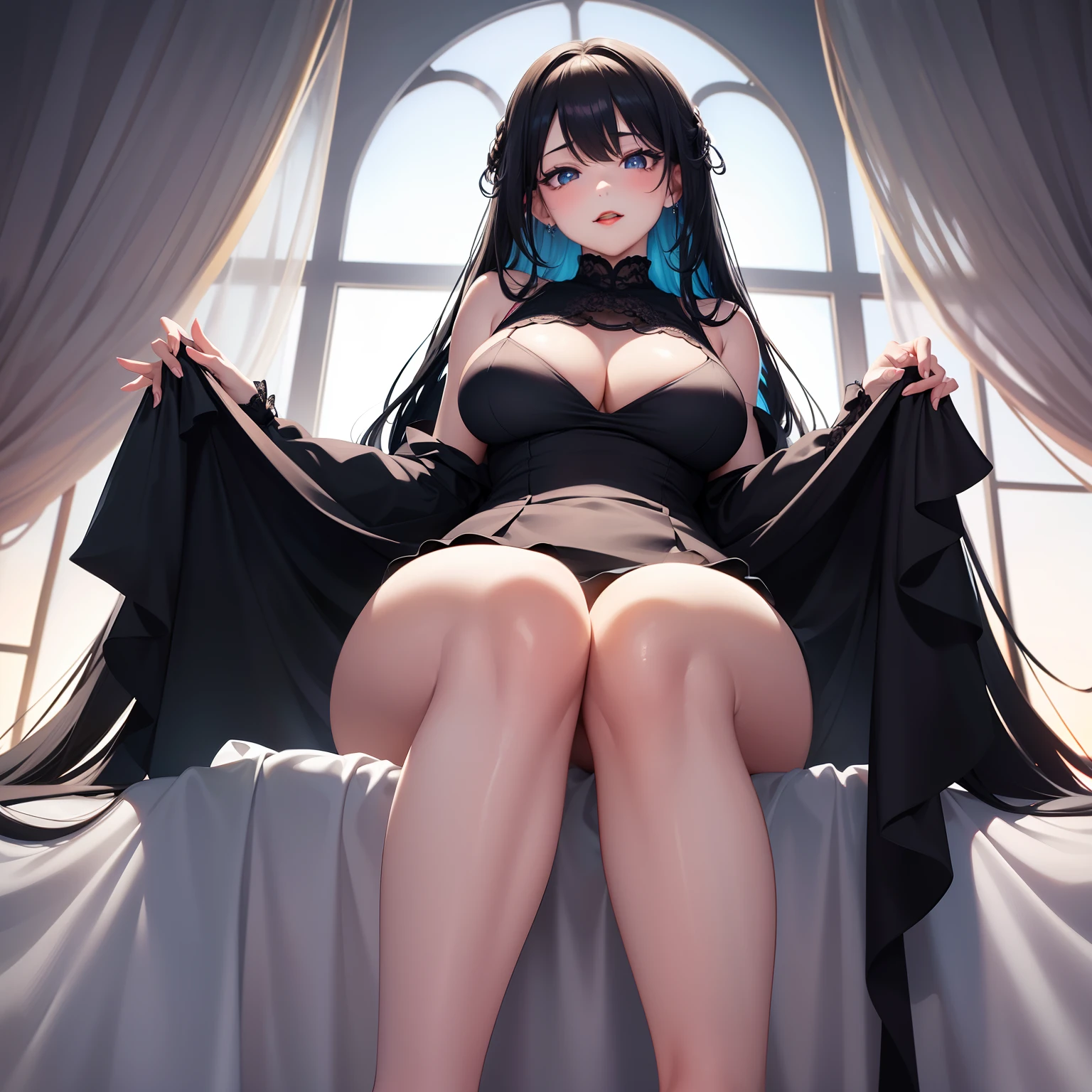 from below, sitting, feet up, black knee high socks, thighs, lace baby dress, high image, super detail, high resolution, anime, manga, illustration, intelligent beauty, laugh like a prankster, happy, shy, make up, ecstatic expression, amorous expression, seductive look, flowing layered messy white glossy medium short wavy hair, sparkling blue big eyes, alluring moist red lips, ?????????????, under boob, side boob, great proportion, perfect proportion, slender, full body, on the bed