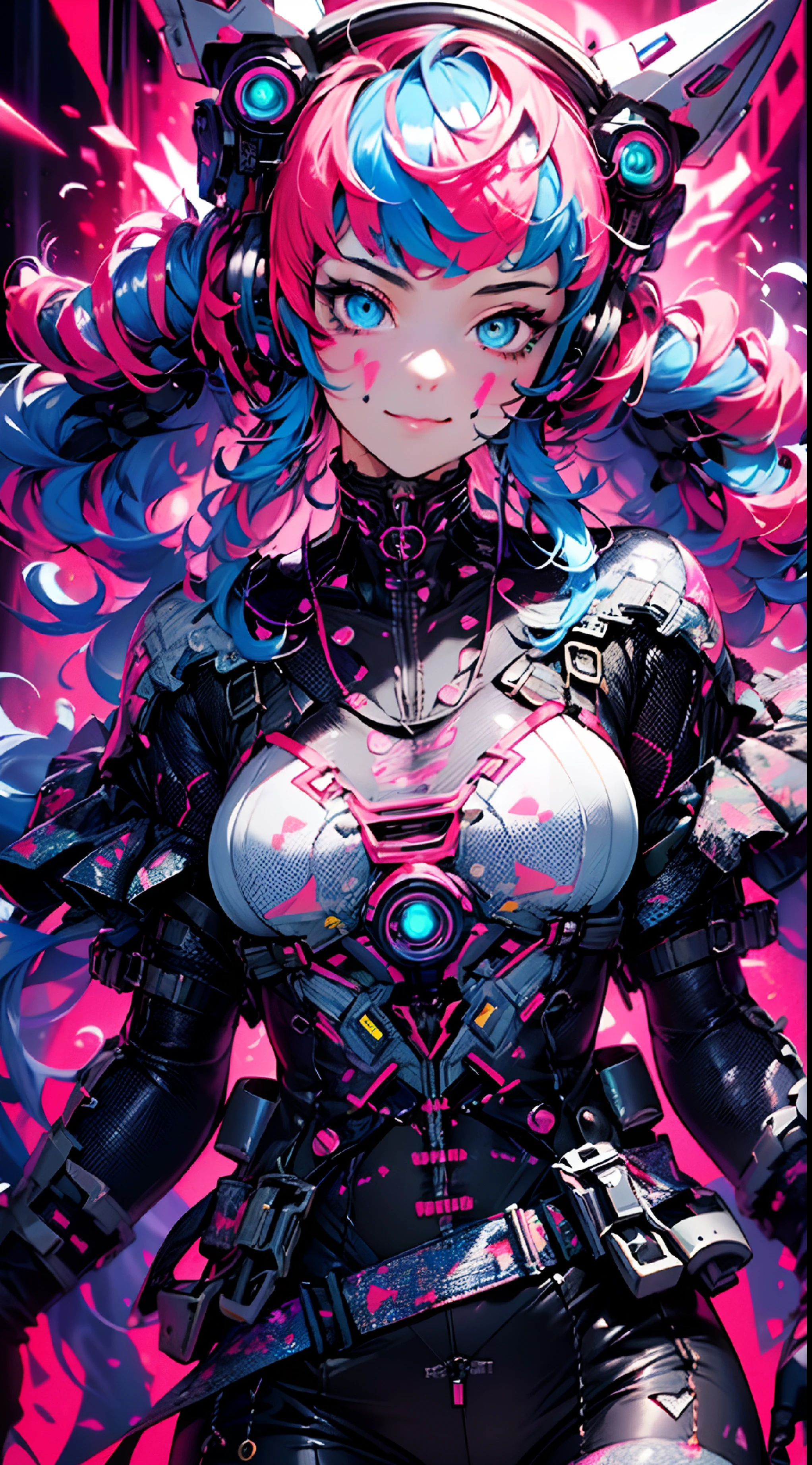 ((cyberpunked)),((flowercrown)),Optical camouflage、headset on head、Neon light、City of the Future、Glowing jumpsuit、(1girl in, Solo:1.6),(Cute smile),(Clothes are simple), (Best Impact:1.5), (maximalism:1.7), Vivid contrast, (Realistic), hyperrealistic illustrations, hight resolution, ultra-detailliert, absurderes,(Fractal Art:1.3)、Random hairstyle、Random hair color colorful、FULL BODYSHOT、Retro、Precise focus、randome pose、cinema4d、Drama
