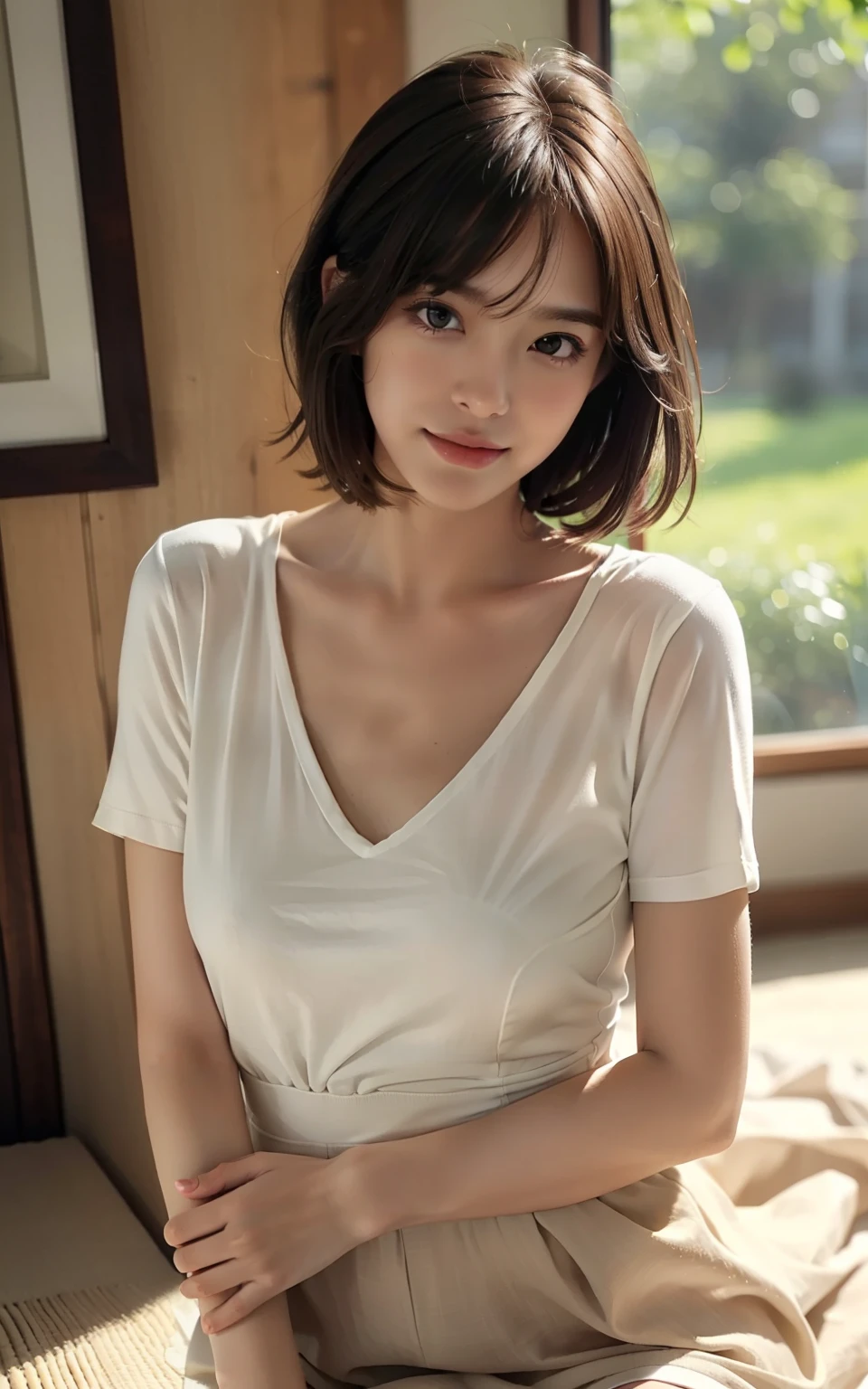 (RAW photo, Best quality), (Realistic, Photorealsitic:1.3), Masterpiece, Extremely delicate and beautiful, Soft light, (Brown hair, Short hair swaying in the wind, bangs), Beautiful detailed girl, (Detailed fingers), extremely detailed eye and face, Beautiful detailed nose, Beautiful detailed eyes, 1 girl, Japanese, Neat and clean beauty, Cute, Young, Smile, Dress shirt, Skirt, (Half body:1.3), (Medium breasts), Realistic face, Realistic body, Indoors