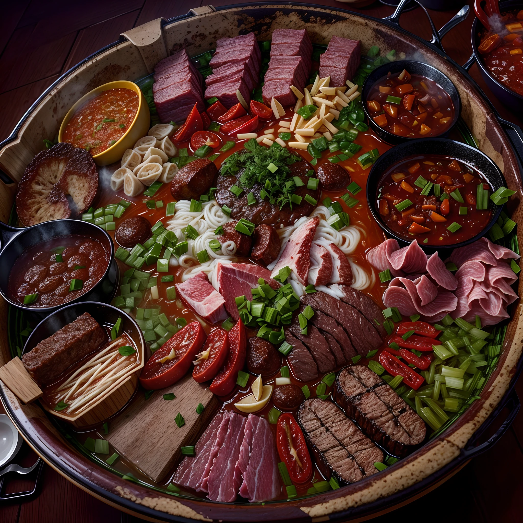 High angle of view,hot pot,chili pepper,Beef slices,Ham sausage,tmasterpiece,4K,strong lights,lightand shade contrast