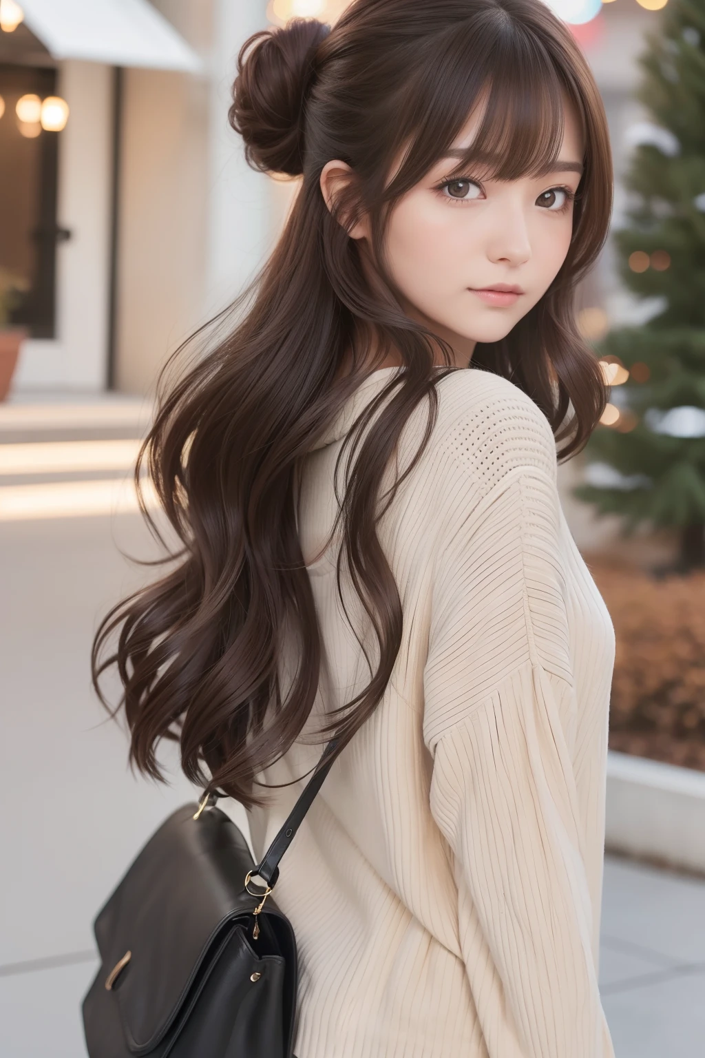 A "Girlish" Autumn Style Hair Catalog Page/Winter casual wear. The hairstyle features soft side sweeping bangs, Medium length hair with soft waves of dark brown and mocha brown. Another option is、It's a bun hairstyle. The overall appearance is soft, zora々Right, and playfulness, Ideal for a casual day in the cooler months.
