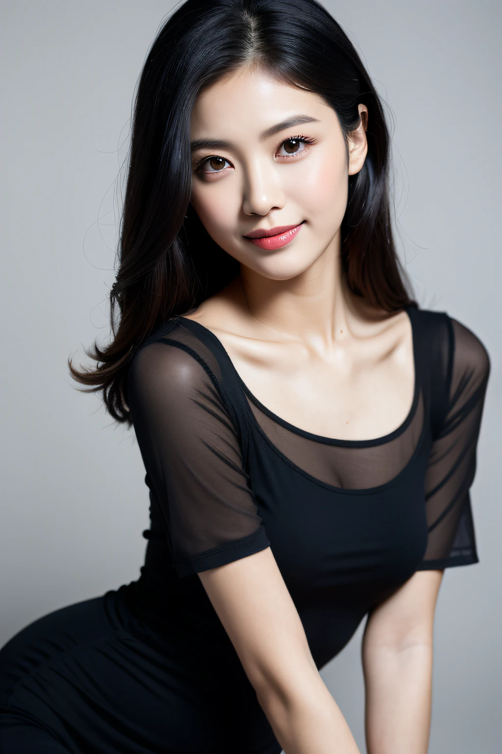 Hyper realistic, supernatural, beautiful and stunning oval face, Chinese young beauty, wearing tight and comfortable dress, full-body photograph, seductive long legs, captured with a Sony A7R equipped with an F1.2 lens, long straight black hair, beautiful and expressive eyes, ultra-detailed face, detailed lips, detailed eyes, double eyelid, Complex Details, Cinematic feel, 8K, highlydetailed, radiant smile, indoor professional photo shooting, ((photography studio)), studio light