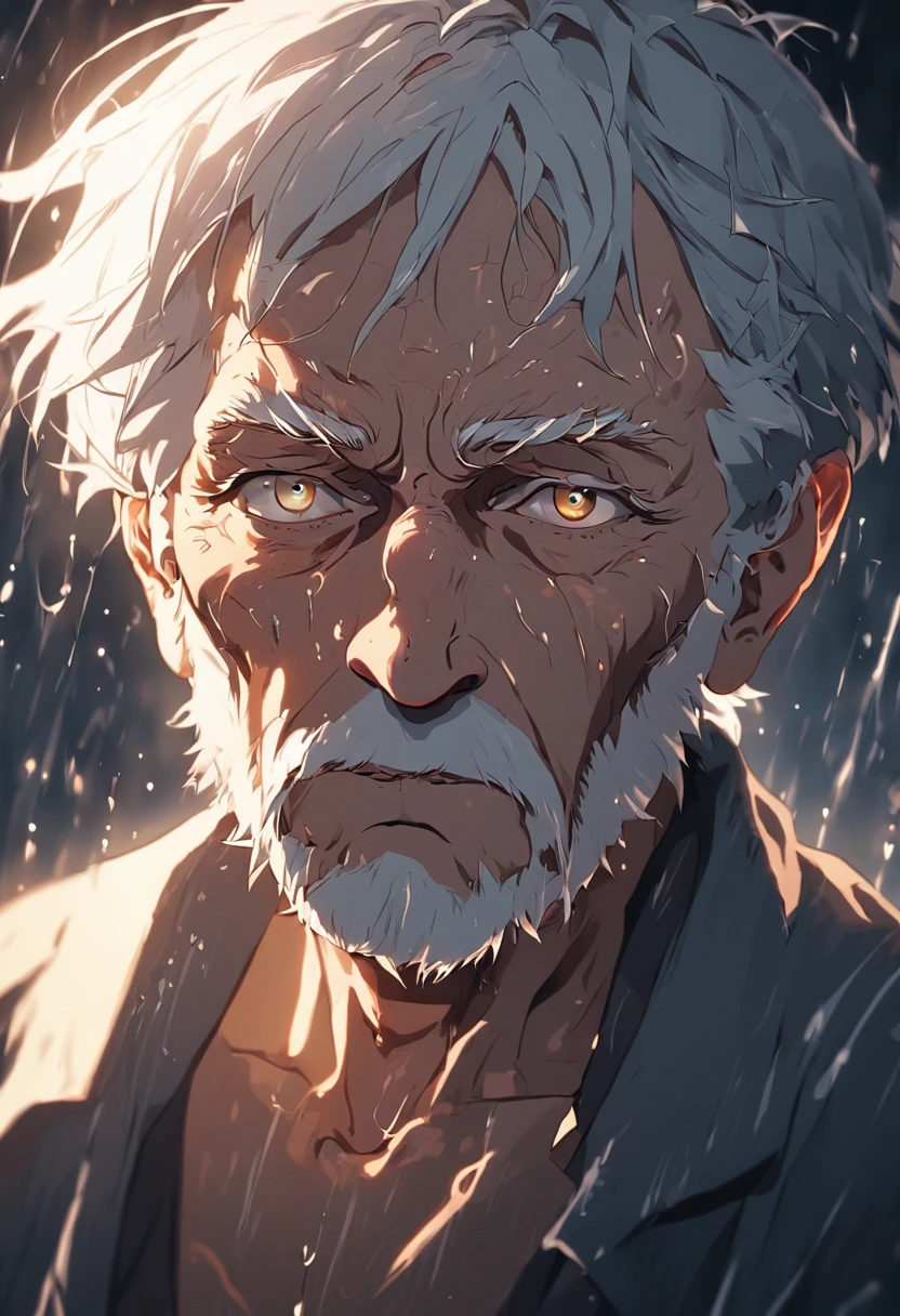 (sharp focus:1.2), an award winning photo of an old man peasant, water droplets, thunderstorm outside, lightning back lighting, , lines on face, wrinkles, extremely detailed skin, sadness, hopelessness ,cloudy eyes, (deep shadows:1.1), high contrast, beautiful eyes, absurdres, 8k, (high quality:1.3), , artstation hd, concept art, detailed face and body, award-winning photography, (moody lighting:1.2), depth of field, bokeh, 4K, HDR