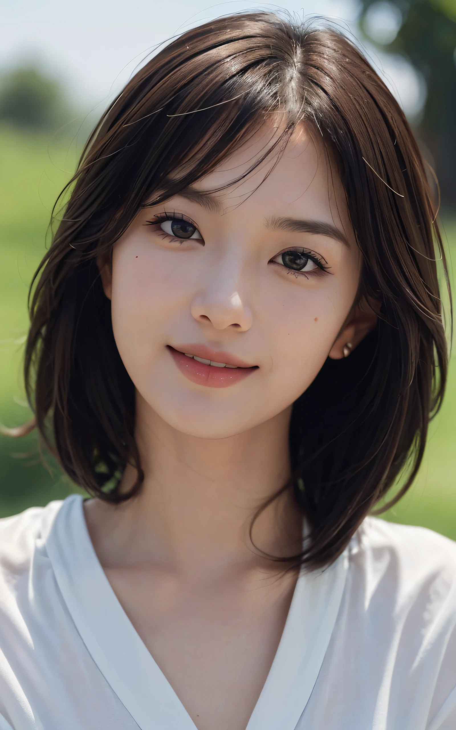 masutepiece, The highest image quality, High quality, Beautiful woman, Japanese, 20yr old, lovely, Cute, Detailed, Swollen eyes, Detailed eyes, Detailed skin, Beautiful skin, Ultra High Resolution, (reality: 1.4),Very beautiful, Beautiful skin, slender, (A hyper-realistic), (High resolution), (8K), (Very detailed) (Best Illustration), (beautifully detailed eyes), (super detailed), (Wallpaper), (Detailed face), Fine details, Detailed face, Smiling, Looking straight ahead, Looking straight ahead, angle from waist up, photos realistic, Bright lighting, Professional Lighting, dark brown hair, Short hair, The ends of the hair are blown away by the wind, long stylish bangs,