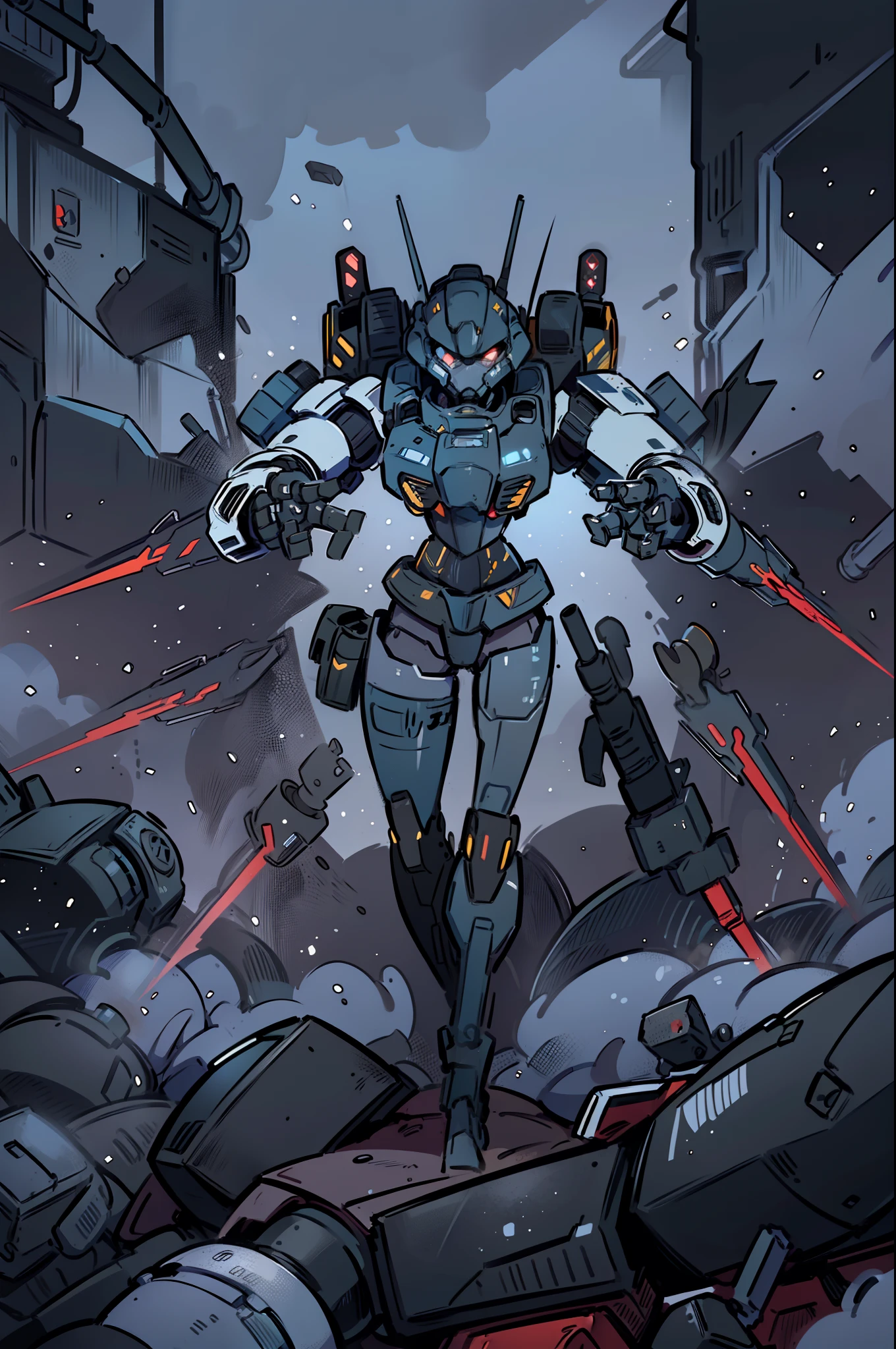 ((masterpiece)),(((best quality))),(epic dramatic moment), 1male robot that has four arms and tail, gray armor, serious moment, angry face, space troopers, robots, cartoonish, mecha anime, battle field background, dark atmosphere