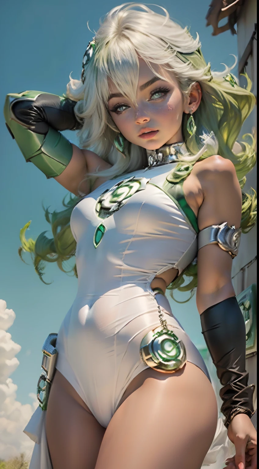 Mulher bonita cabelo branco longo, corpo definido seios grandes, (((vestindo cosplay de green lantern)))