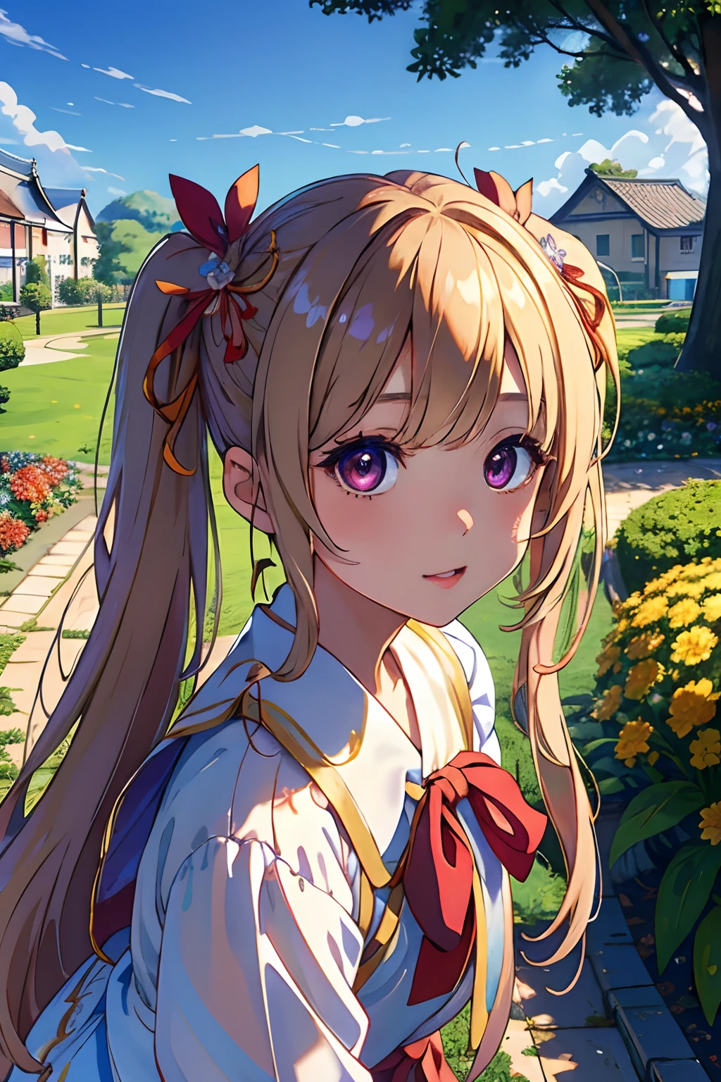 (masterpiece、top-quality:1)、(Photorealsitic:1.2)、optic、depth of fields、(Details of face、sface focus:1)、GameCG、ultra-detailliert、in 8K、intricate-detail、in school uniform、1girl in、独奏、animesque、Bust D、Very long straight hair、Maiko、a very beautiful woman、Very sunny sky and flower garden background、Very detailed background、The pupil is brown、Pupils that shine like diamonds、Pigtails 、Ribbon hair ornament、Beige hair color、Very big and cute double eyes
