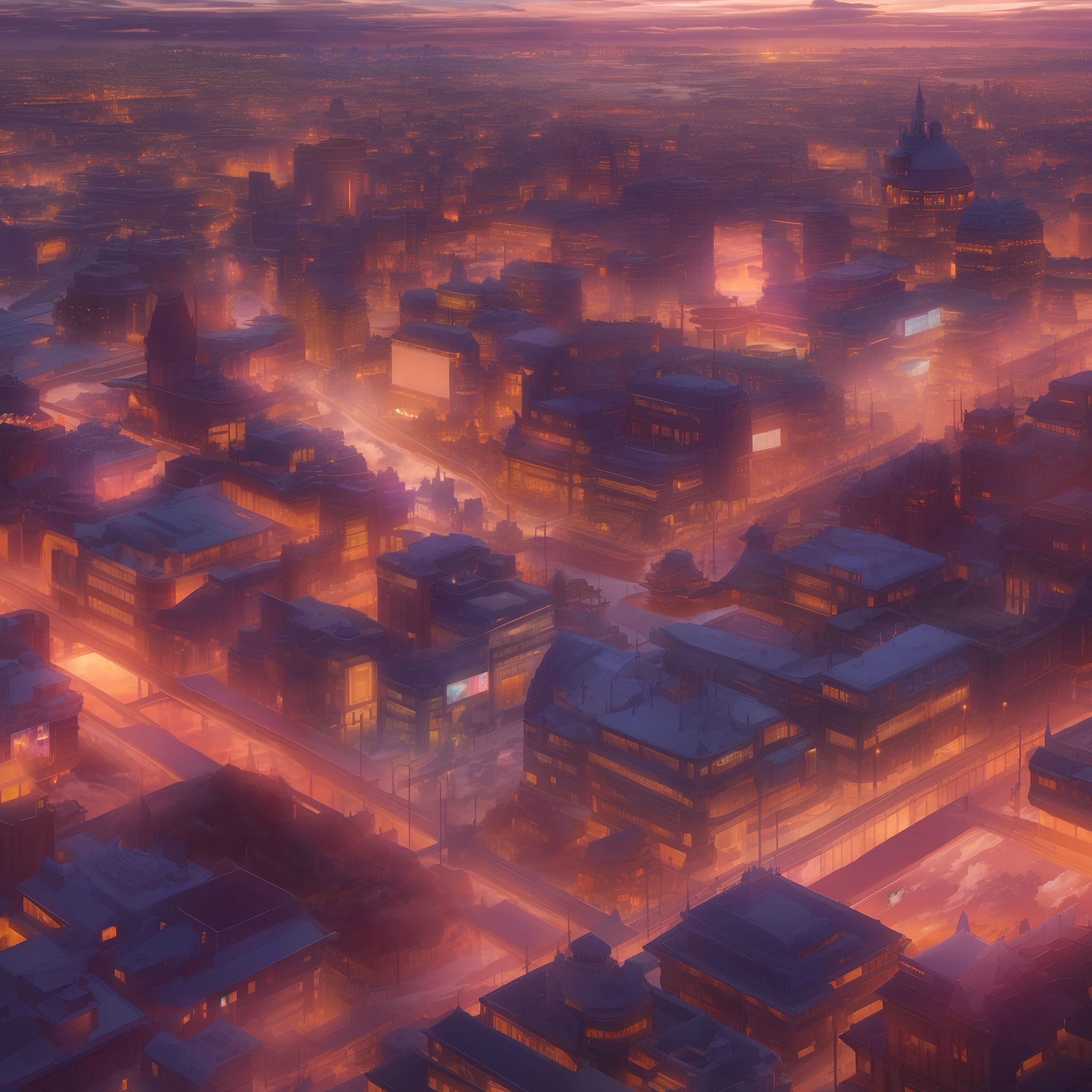 A city illuminated by the sunset、(Ultra-detailed building)、(Ultra detailed store)、((Ultra-detailed clouds))、ChillTime、(Superb view)、8K、(High Quality)