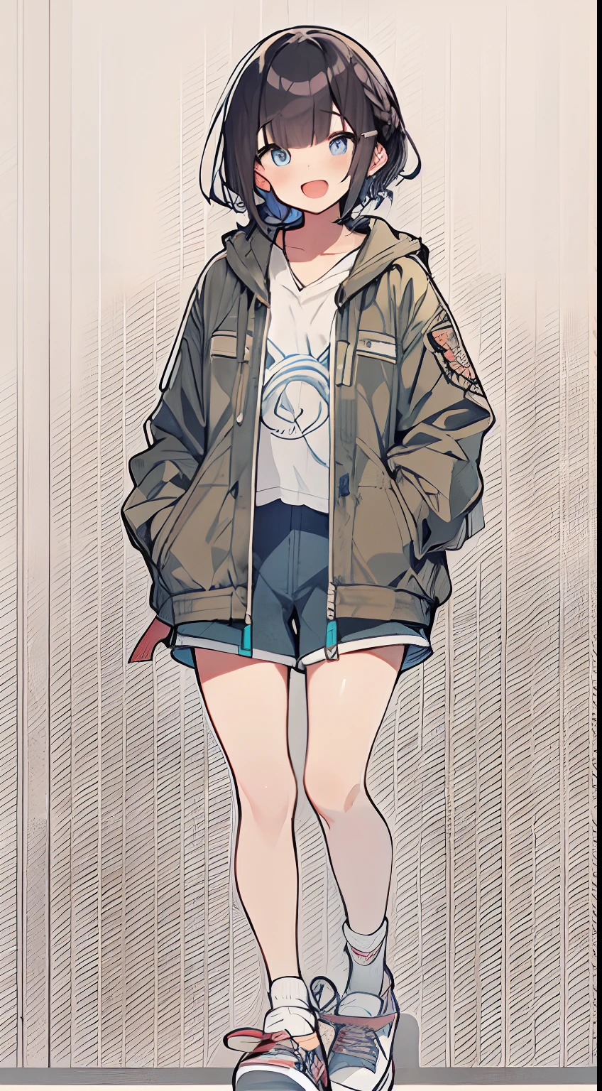 masutepiece, Best Quality,Illustration, Wallpaper, Ultra Detail, 1girl in,Solo,Beautiful detailed eyes,Very thick contour lines、Medium Short-Cut Hair、Short, Braided hair、(student clothes)、Dark hair color、Open mouth and big smile、Kamimei、Angle from which you can see the whole body、Overlooking angle:1.2、small head、Small face