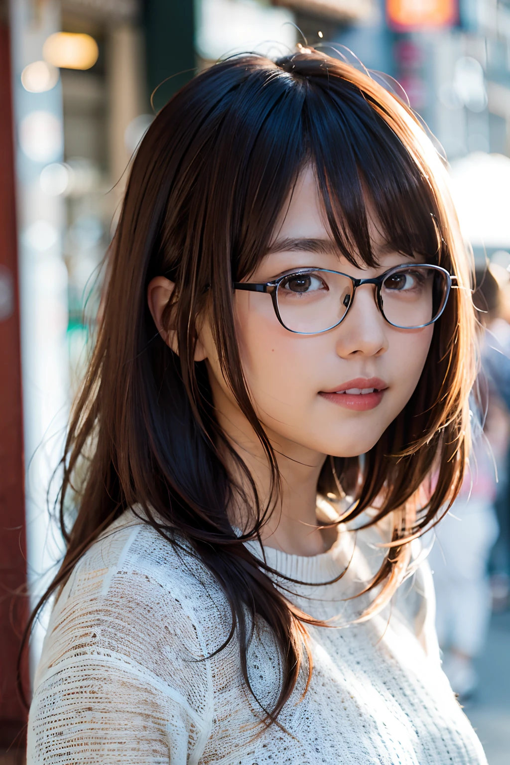 (8K、Raw photography、top-quality、masterpiece:1.2)、(realisitic、Photorealsitic:1.37)、ultra-detailliert、超A high resolution、女の子1人、see the beholder、beautifull detailed face、A smile、Constriction、(Slim waist) :1.3)、Shirts、Beautiful detailed skin、Skin Texture、Floating hair、Professional Lighting、In the street、Rimmed glasses、Whole human body、Brown hair