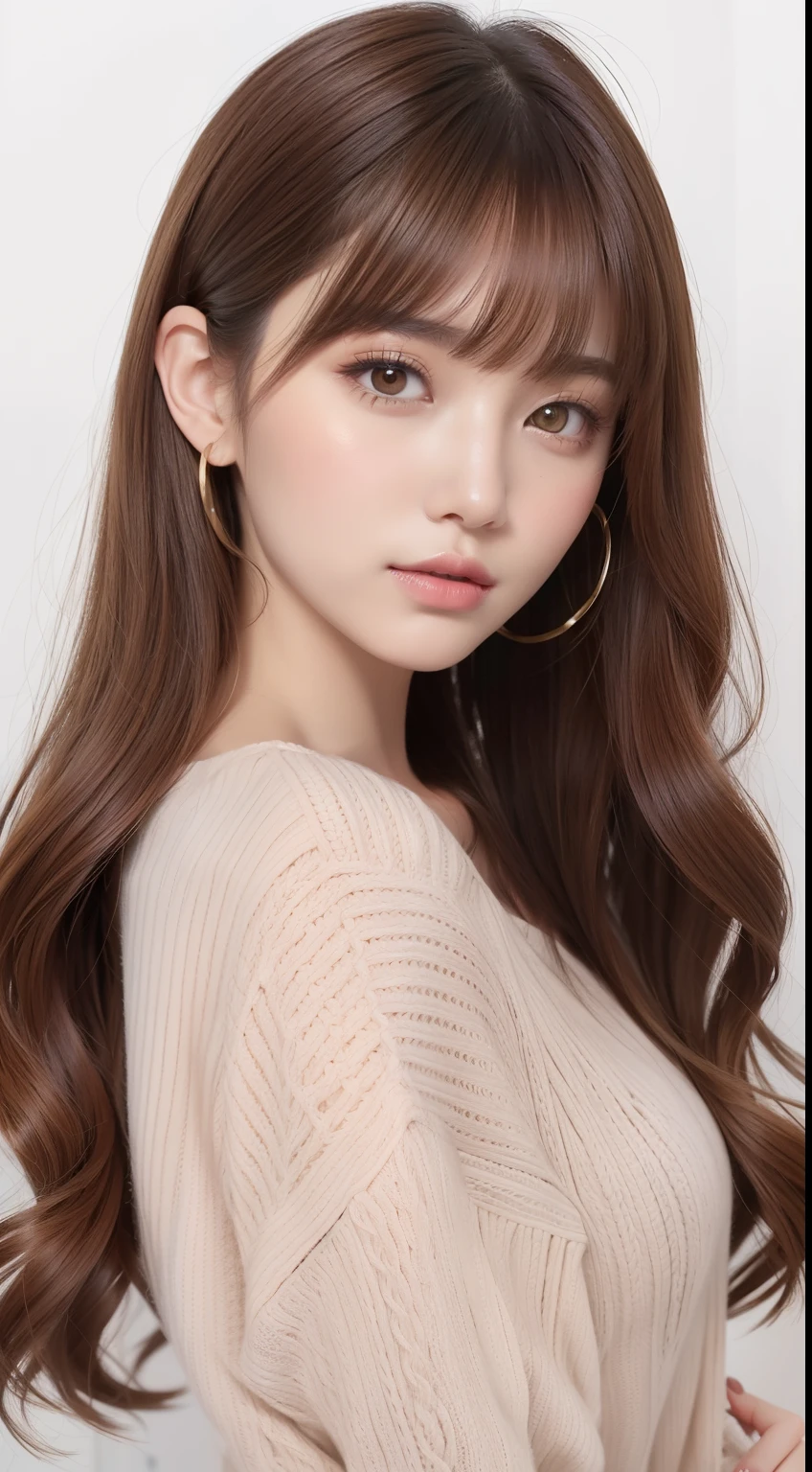 Portrait of autumn and winter sweet casual styling hairstyle。The hair color is caramel brown、Straight bangs and natural wave styling。Rose-pink lips and gold eyeshadow、It reflects a comfortable and sweet appearance。