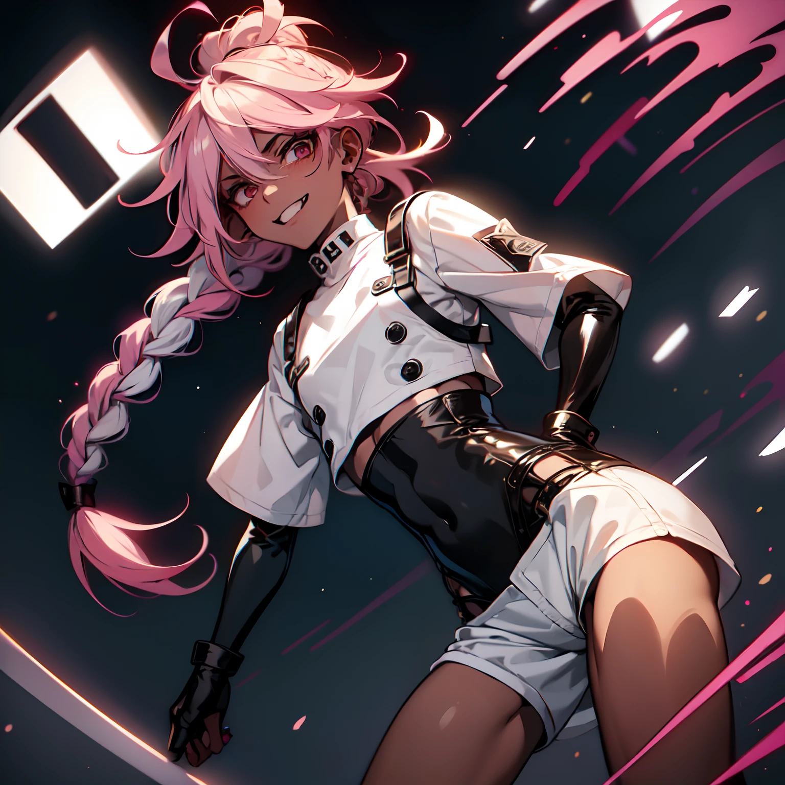 ((anime boy )), ((androgynous)),((Dark Skin)), ((long white hair with pink streaks)),(( hair Styled into a Bun and braided ponytail )),((Red eyes)) , (Tall),(thin, average hips),(White half jacket), ((hot pink Crop top)) ,(Skimpy white shorts) , evil aura, crazy smile , ((Pop Idol)) , ((yandere: 1.5)), ((Masterpiece)), High Aesthetic, ((high quality )),((1boy, Solo))