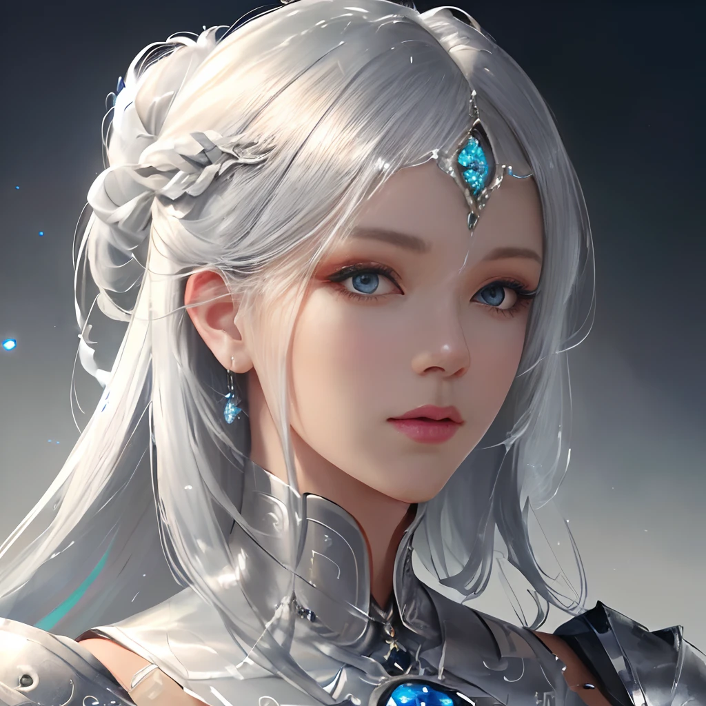 Close up portrait of woman in silver and navy dress, Silver hair , chengwei pan on artstation, by Yang J, detailed fantasy art, Stunning character art, fanart best artstation, epic exquisite character art, Beautiful armor, very detailed Artgerm, Detailed Digital Anime Art, ArtGerm on ArtStation Pixiv, armor girl