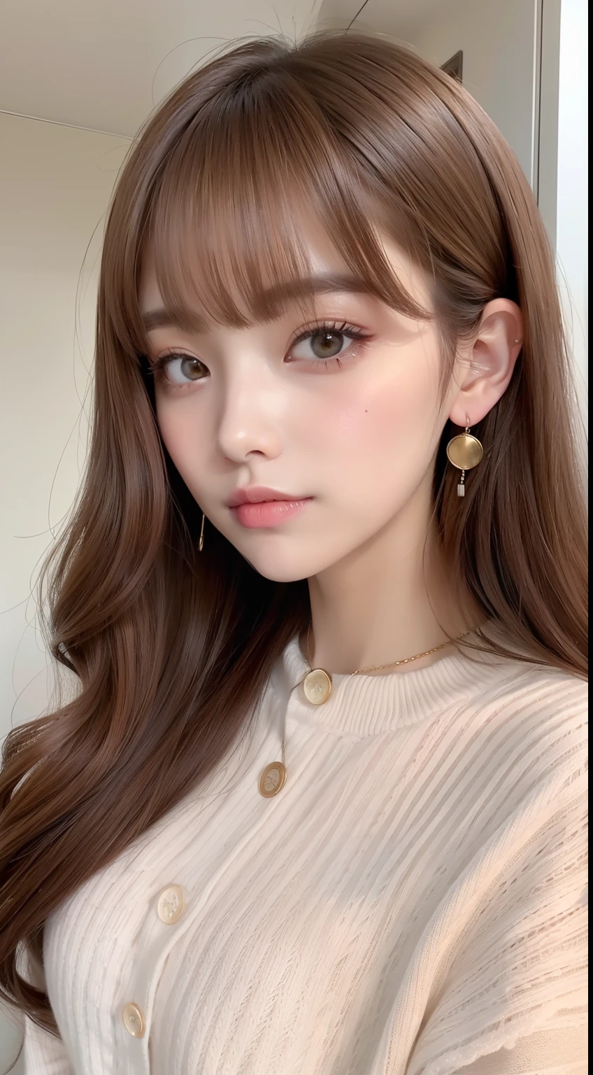 Portrait of autumn and winter sweet casual styling hairstyle。The hair color is caramel brown、Straight bangs and natural wave styling。Rose-pink lips and gold eyeshadow、It reflects a comfortable and sweet appearance。