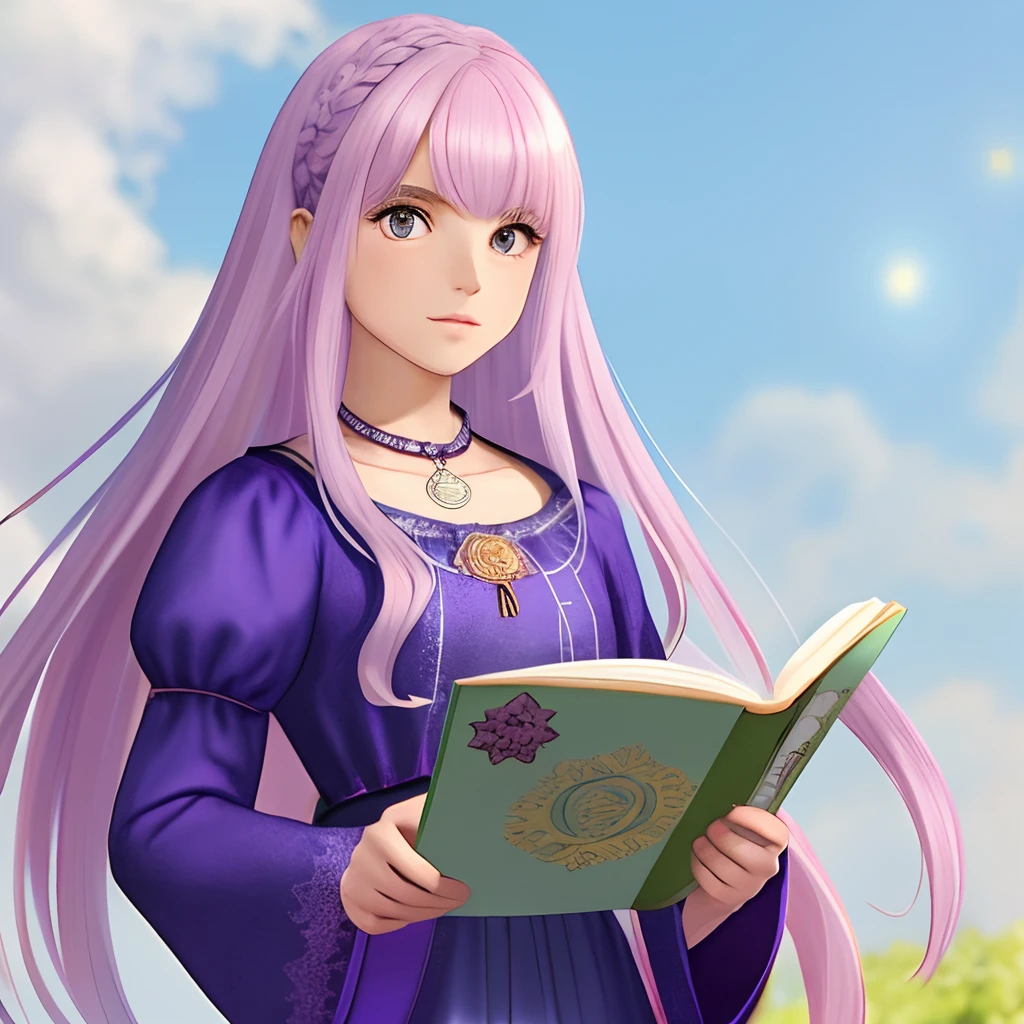 Create only 1 female character with the following characteristics:::::: Cor do Cabelo: Pink Accessories with Lilac Locks: Um colar com um pingente de estrela. Cor dos olhos: um azul com roxo, and the other just Lilac Clothes; Vestido lilas e azul com detalhes em prata. E uma coroa de princesa, holding a journal in your hand   
  with flowing hair and a curious look, de        corpo inteiro