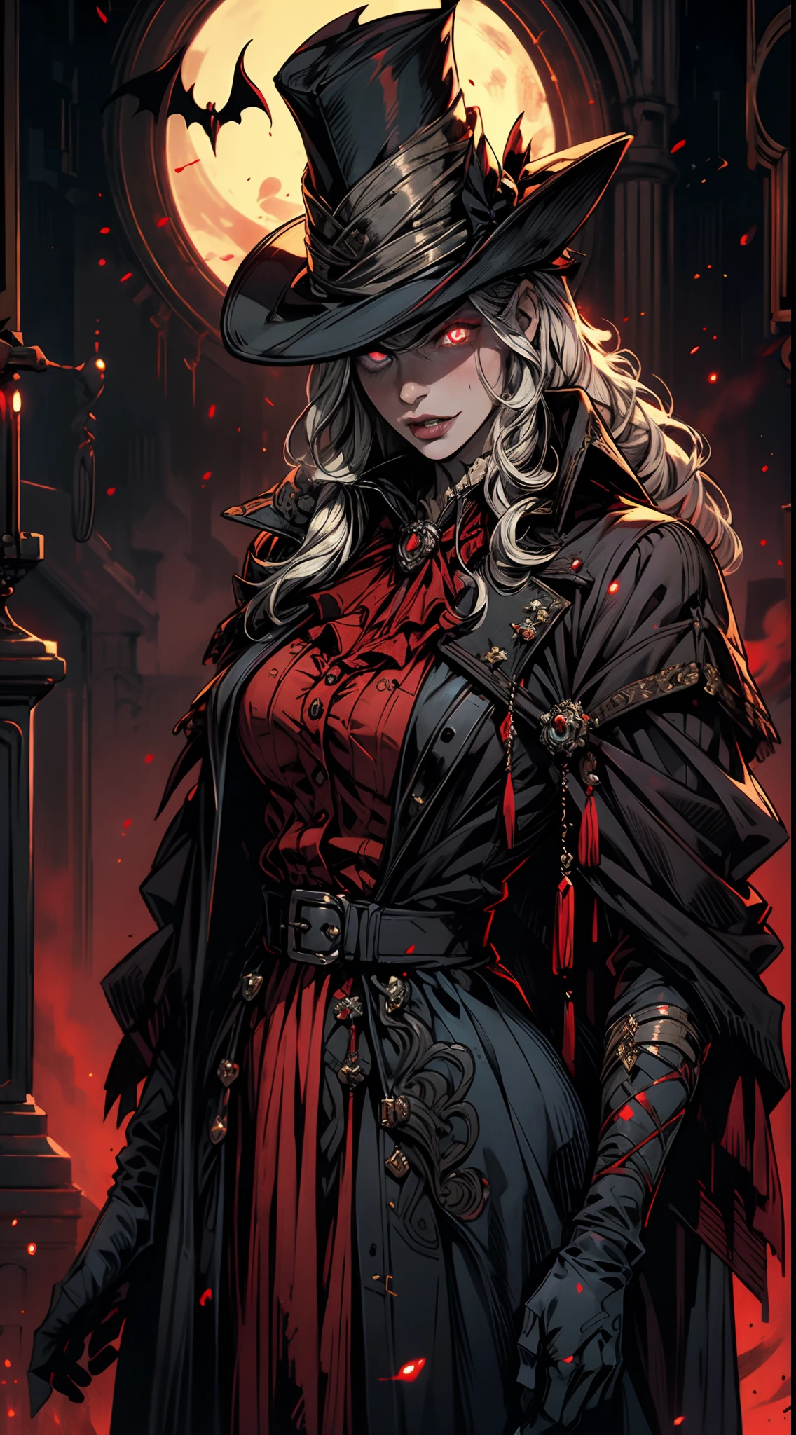 (comical,A high resolution,super-fine),(Vampires),(((Red glowing eyes)))looks into camera,Evil eyes in the shadows,Clear facial features,(Top hat),Vampire fangs exposed,Wear gorgeous gothic dresses,Silvery hair,rosette,Skull decoration,the bats,The body is surrounded by red mist,rays of moonlight,Kingly temperament,cinematic rim light,The light is delicate,tmasterpiece,ultra - detailed,Epic composition,Super HD,high qulity,HighestQuali,32K