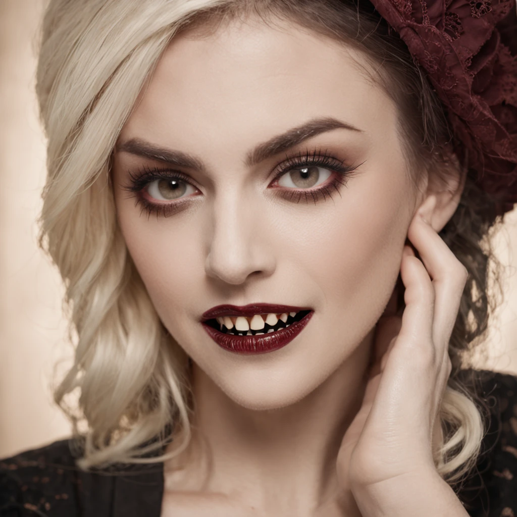 (age 25) a psychotic psyco ex girlfriend (crazy makeup, long messy hair, strappy tattered lingerie, jagged tools), curved perfect lips, smile perfect teeth showing, vibrant enlarged sapphire crazy eyes, blood spattered bedroom, blood splattered over body, bood splattered on lingerie,
