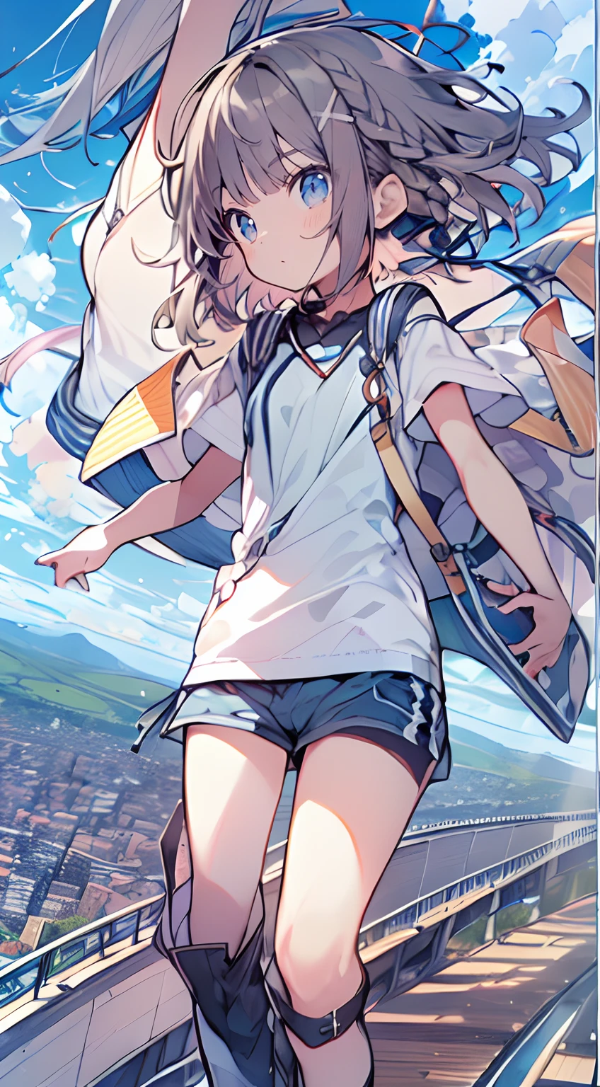 masutepiece, Best Quality,Illustration, Wallpaper, Ultra Detail, absurderes, 1little girl、 Solo, (Medium short hair、short braided hair), Beautiful ultra-detailed eyes , Hair fluttering in the wind、nffsw、Smaller head、Beautiful sky、(a panoramic view:1.5)