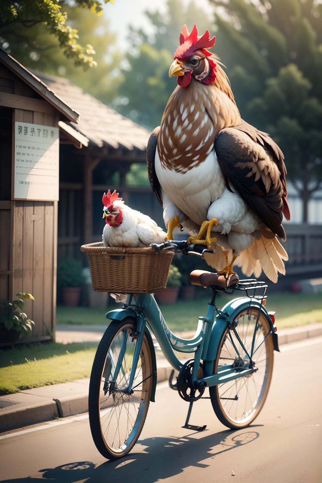 A chicken riding a bicycle。