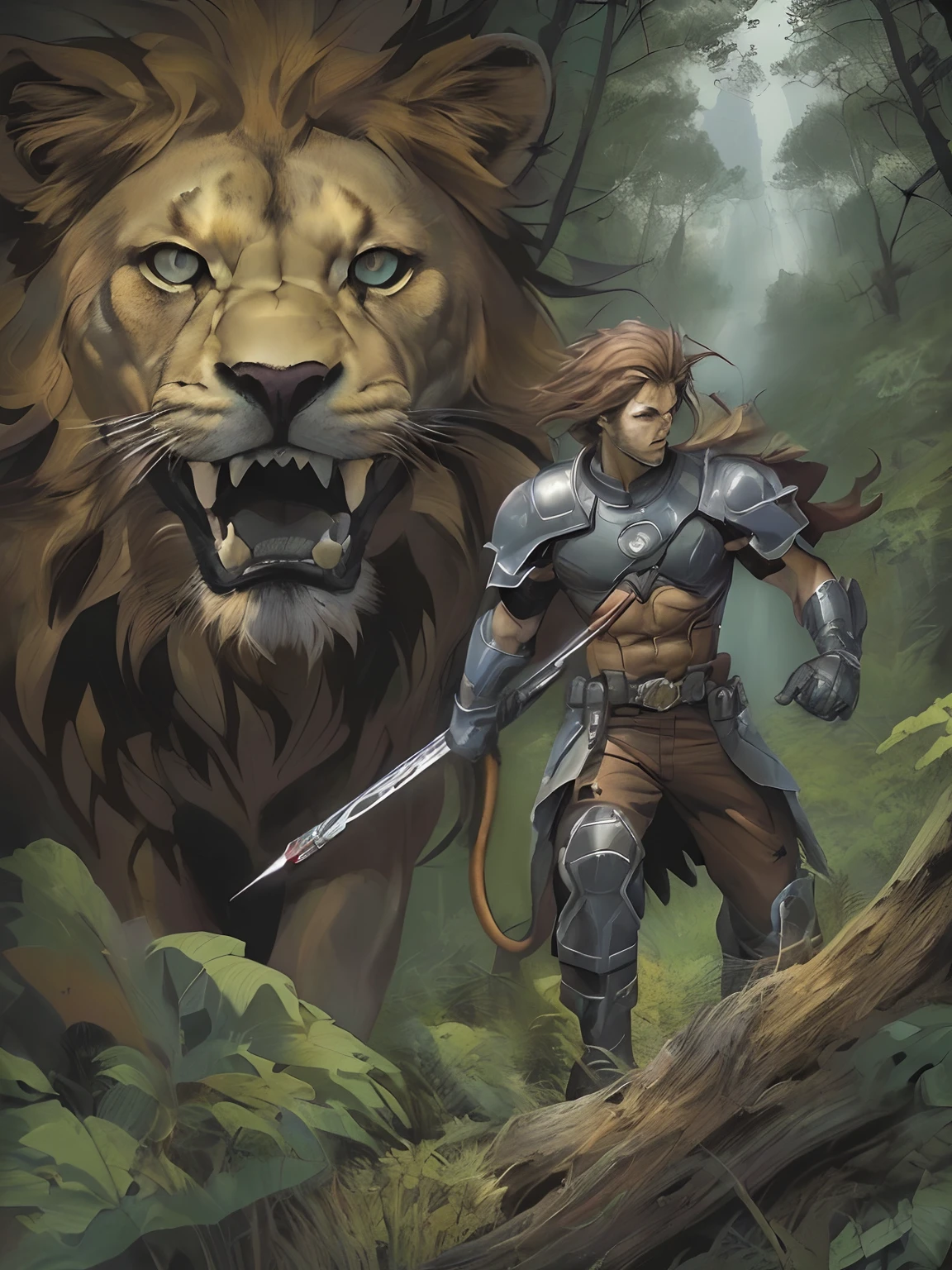 Lucas Bracey, Man hunting in the middle of the forest a ferocious lion , 8k, Foto RAW, (pele altamente detalhada: 1.2), (exposta: 1.1), (Costas expostas: 1.5), , (Vista de cima para baixo:1.5), ((::Jae Lee e Joe Madureira estilo ::2.0 comix illustration style,,, (fundo bonito e claro:1.2),, fantastic paintings , ::Jason Fabok e estilo Yoji Shinkawa ::2.0 comix illustration style, , Comic book style , (fundo bonito e claro:1.2),, fantastic paintings ,estilo grafite; master part, melhor qualidade, alta qualidade, extremamente detalhado CG unidade 8k papel de parede, scenecy, fotografia premiada, HDR, extremamente detalhado, trending on ArtStation, trending in cgsociety, intrincado, High detail, Arte por Midjourney Style::JKenneth Rocafort ESTILO ::2.9 (master part:1.2, melhor qualidade), (belos olhos finamente detalhados: 1.2),