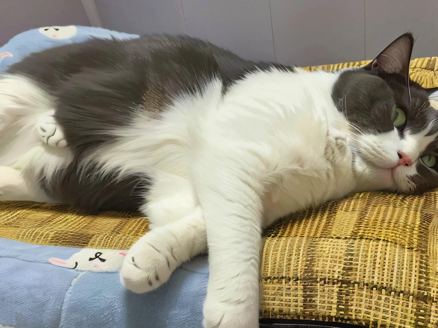 There was a cat lying on a pillow, he is very relaxed, chonker cat, happy wise. he has bouncy belly, she's lying on her back, relaxed poses, very sleepy and shy, Fat cat, cats sleeping, the cat is smiling, she has a jiggly fat round belly, A cartoon cat lying in the bedroom