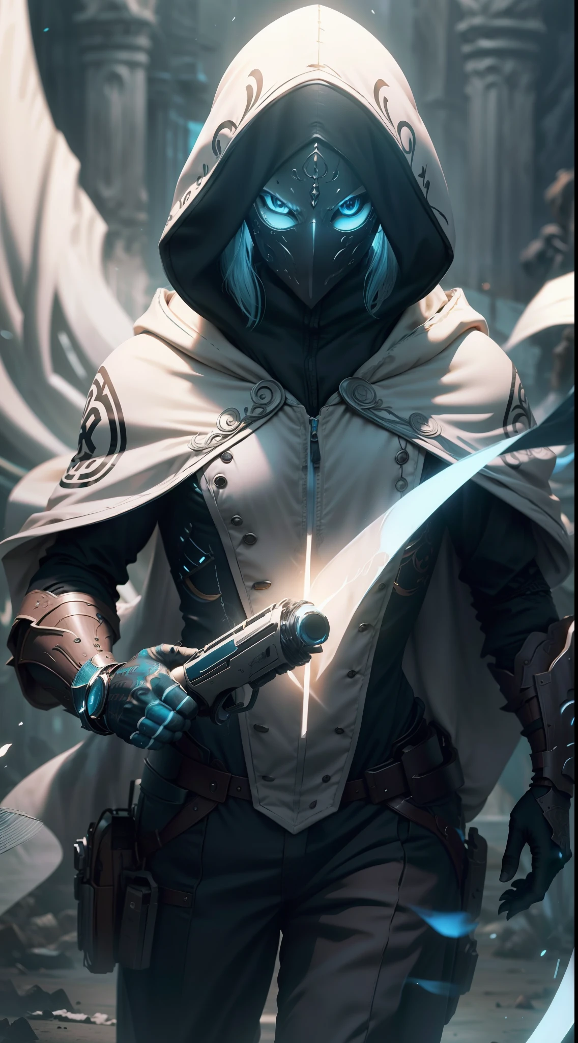 Hunter wearing hood and long cape, usando mascara de olho na Forma de bico de ave de rapina, cores azul celeste e branco, WMASK, capacete alado, High detail, arte conceitual, anime, estilo anime, Cinematic lighting, motion blur, character chart, cowboy shot, F/1.2, 35 mm, Hasselblad, anatomicamente correto, pele texturizada, Detalhes altos, best quality, 8k