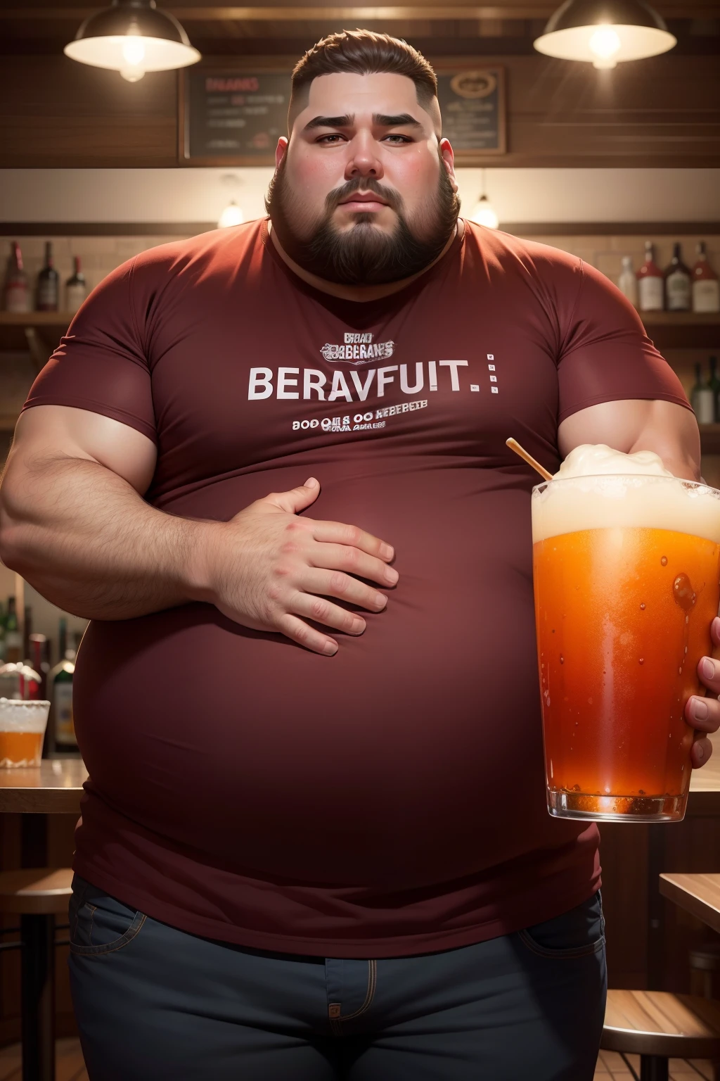 description: Make a man with obesity
Features: Esse homem deve estar usando roupa vermelha
Cenario: He must be inside a bar
Share: Ele esta bebendo cerveja
Qualidade: Foto ultra realista, qualidade 8k, fullhd