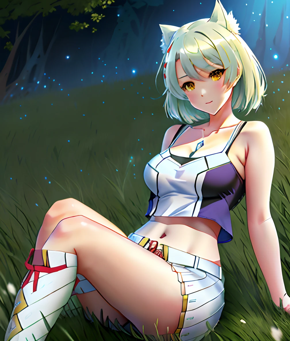 Anime girl with field sitting on grass, seductive anime girls, from girls frontline, attractive anime girls, Fine details. Girl Front, Smooth anime CG art, Casual pose,wear tank top,under boob,black kneehighs, single kneehigh, hand on own chest,