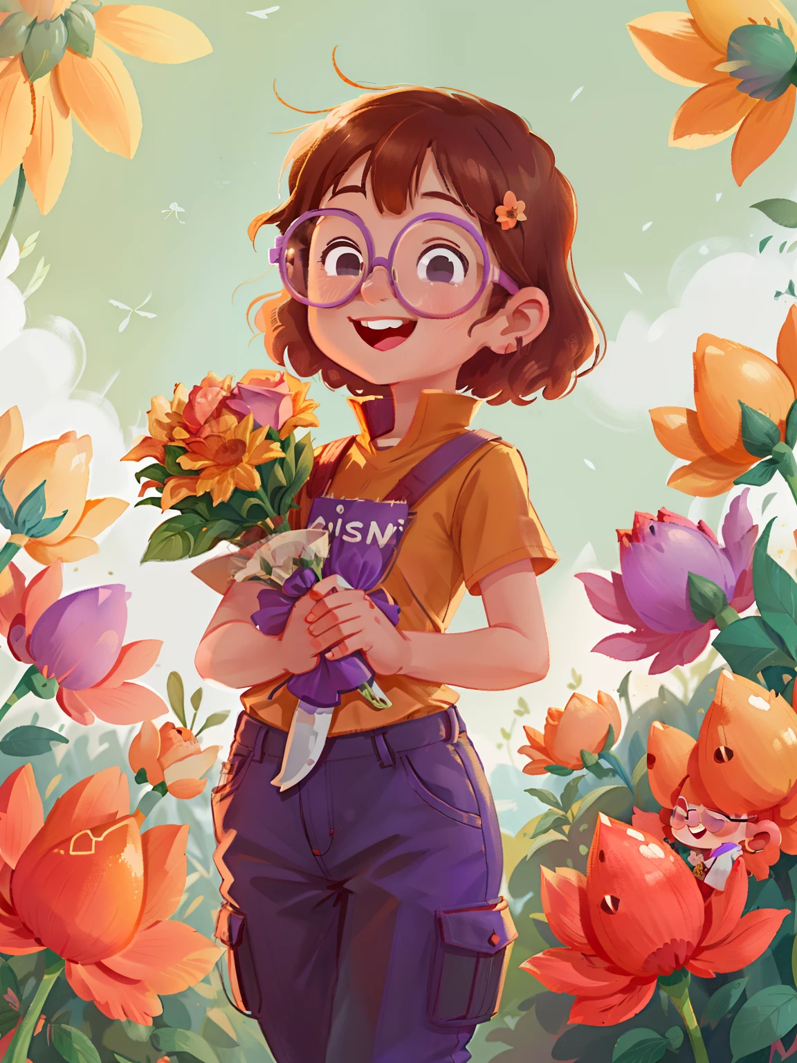 A girl with short hair，Orange glasses，Wear shirts and trousers，Little rabbit teeth，Happy smile，Holding a bouquet of orange champagne roses，In a sea of flowers of purple lavender，Have fun，Convivial atmosphere，Sunny，tmasterpiece，Ridily details，Ultra-wide lens